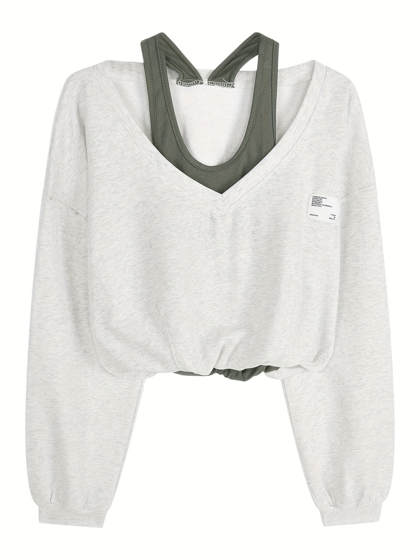 Faux Twinset Patch Pullover Sweatshirt, Casual Long Sleeve Crop Top, Women's Clothing