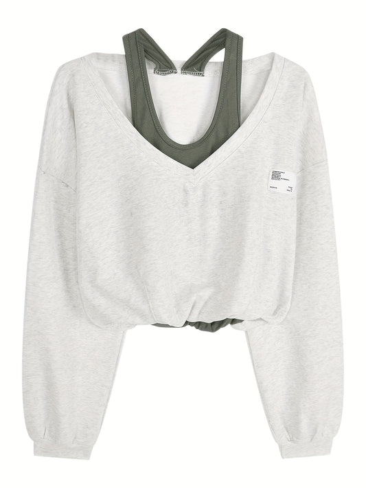 Faux Twinset Patch Pullover Sweatshirt, Casual Long Sleeve Crop Top, Women's Clothing