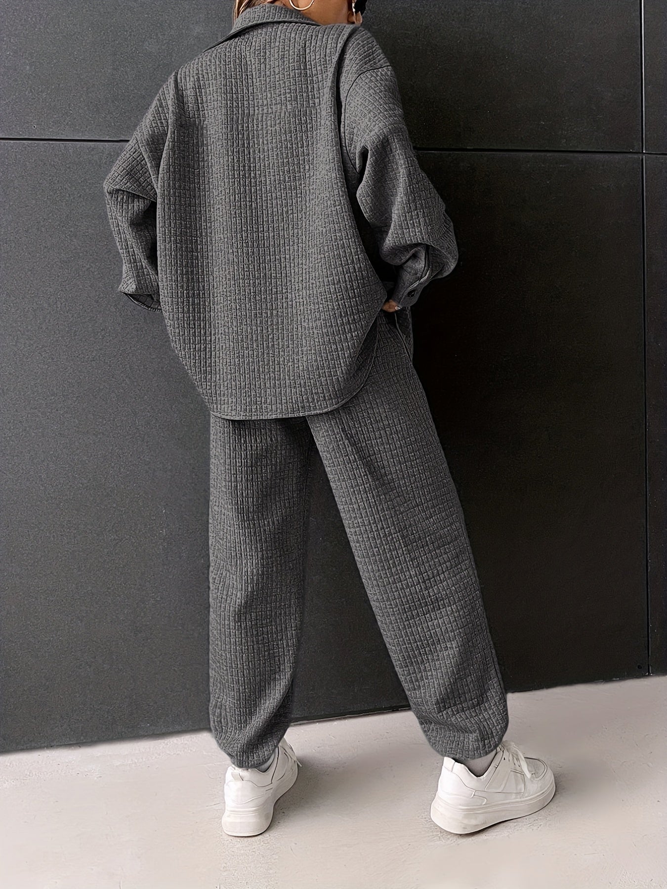 vlovelaw Waffle Solid Two-piece Set, Button Front Long Sleeve Shirt & Elastic Waist Jogger Pants Outfits, Women's Clothing