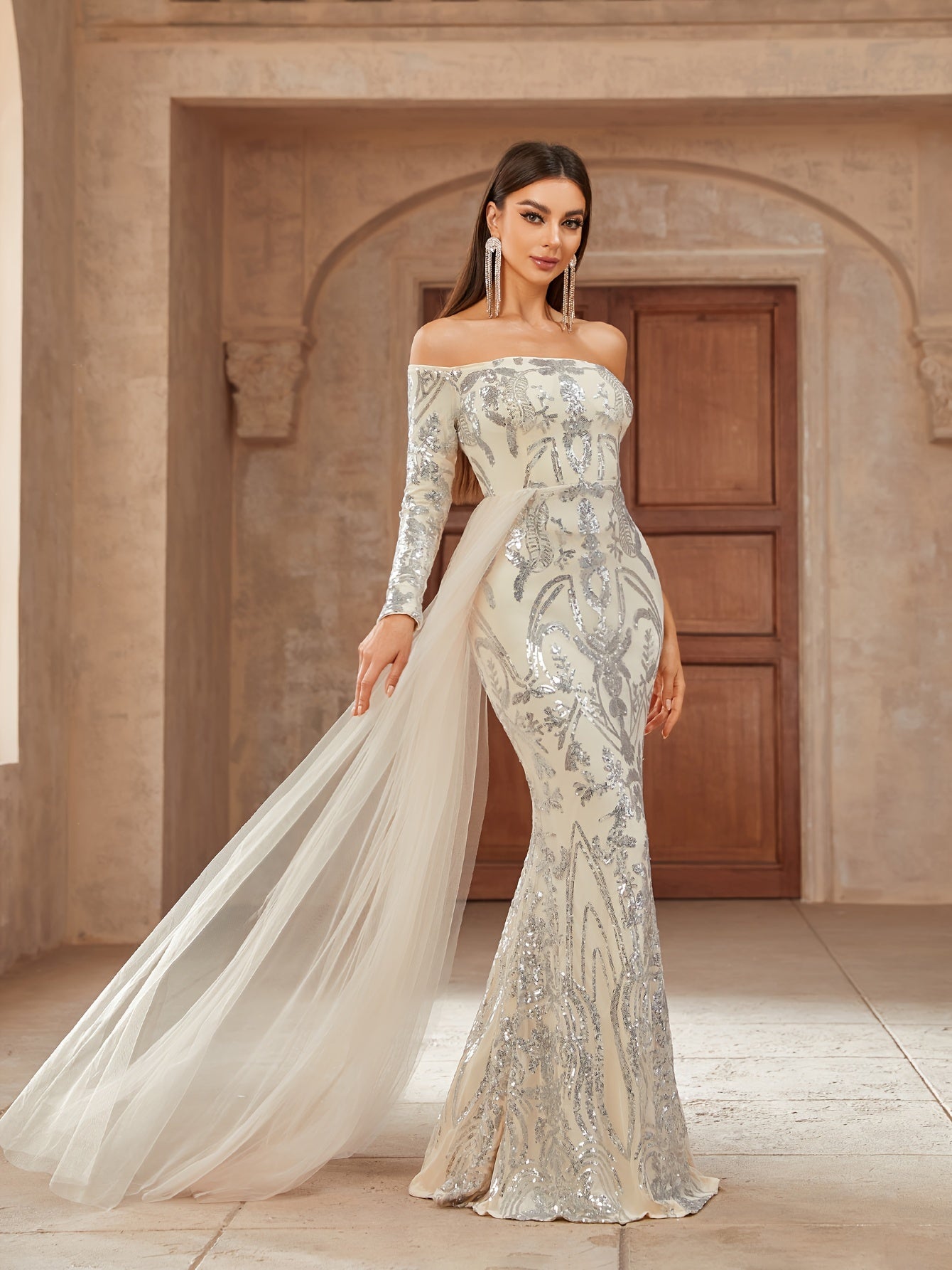 vlovelaw Sequin Off Shoulder Dress, Elegant Mermaid Hem Mesh Draped Evening Dress For Party & Banquet, Women's Clothing