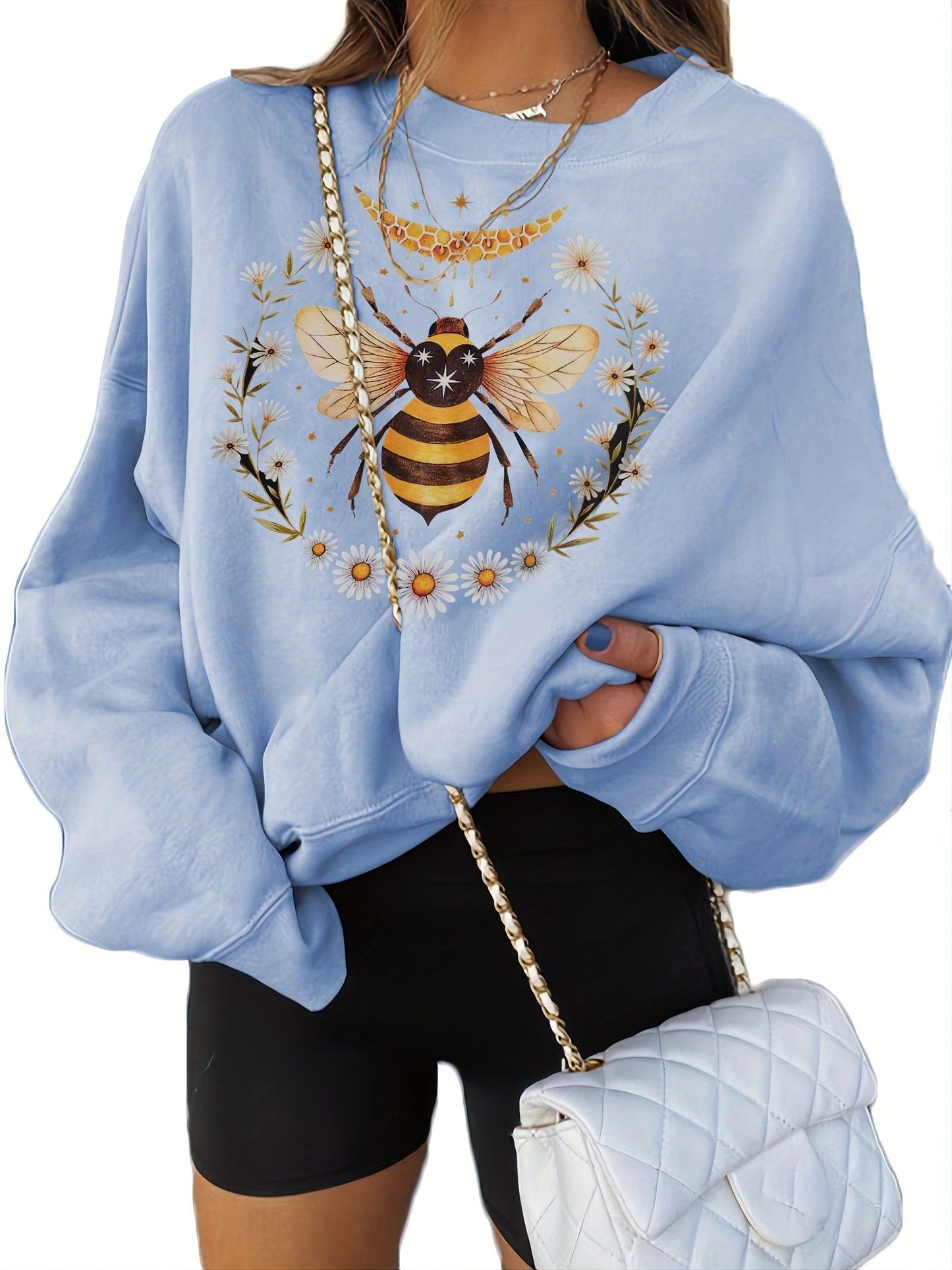 Round Neck Bee Print Pullover, Casual Fashion Loose Long Sleeve Sweatshirt, Women's Clothing