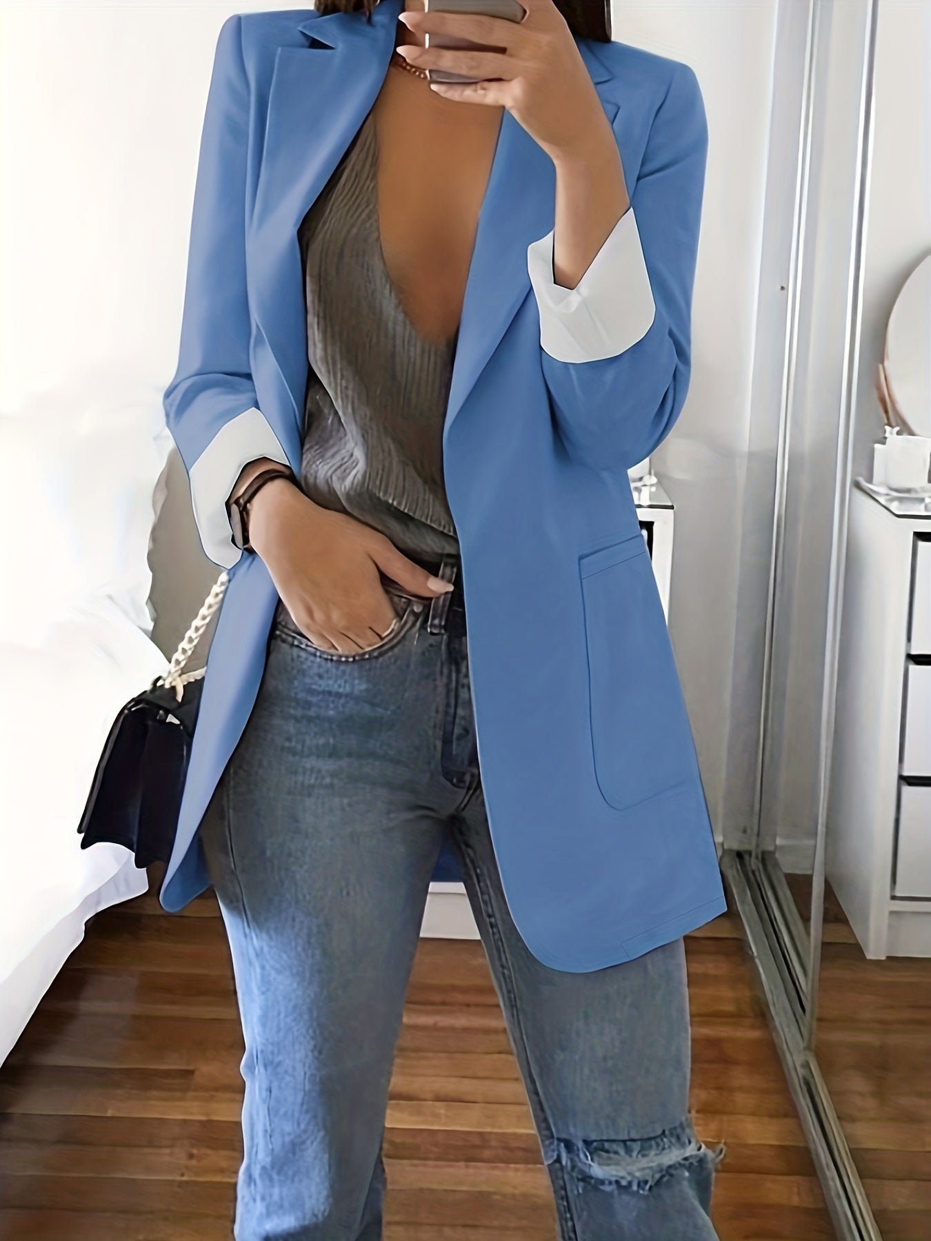 Solid Lapel Blazer, Casual Long Sleeve Open Front Work Office Outerwear, Women's Clothing