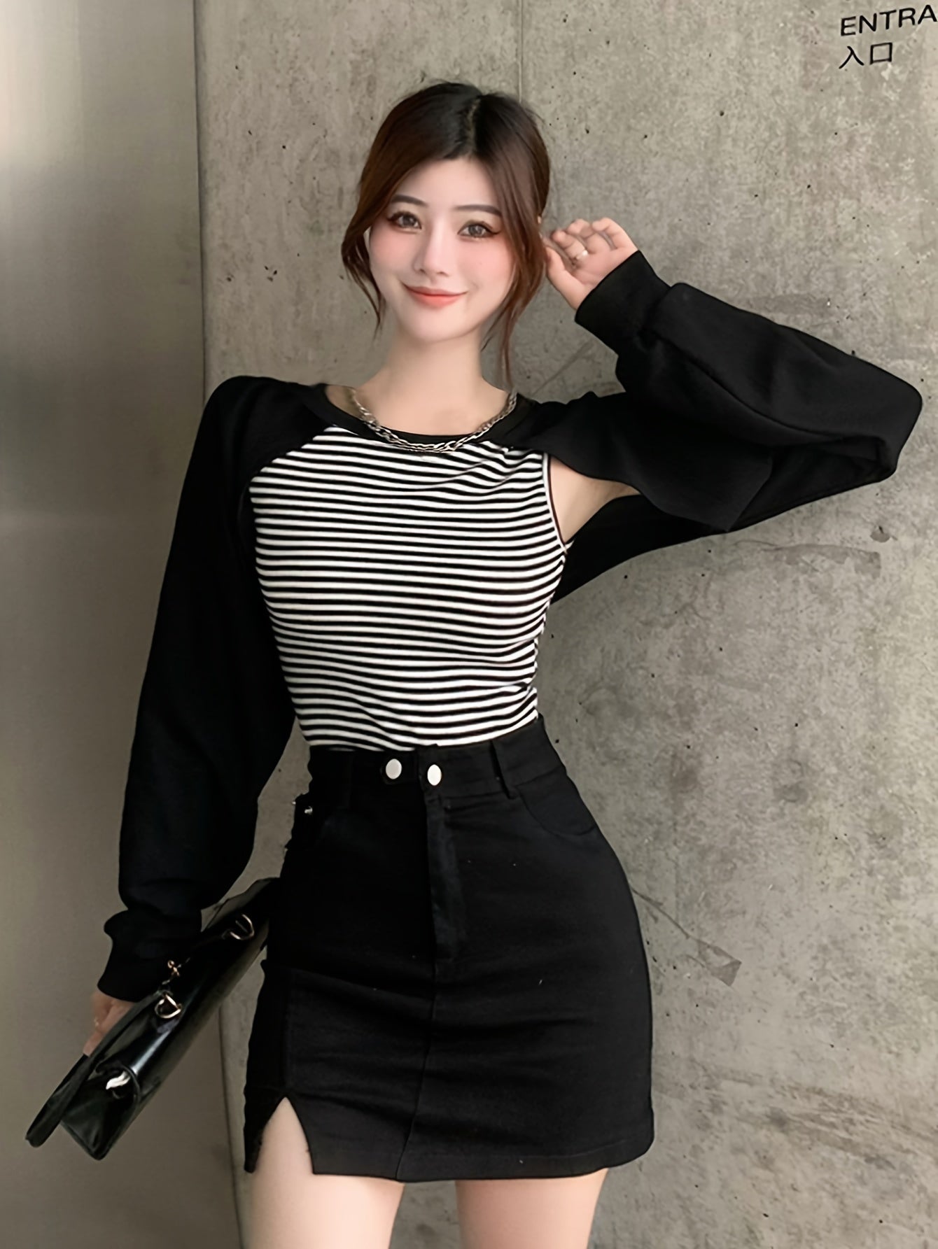 vlovelaw Striped Faux Twinset Crop T-Shirt, Stylish Long Sleeve Top For Spring & Fall, Women's Clothing