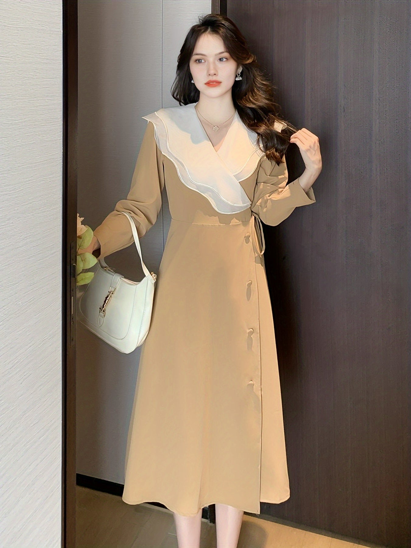 vlovelaw Ruffle Trim Surplice Neck Dress, Elegant Long Sleeve Solid Dress, Women's Clothing