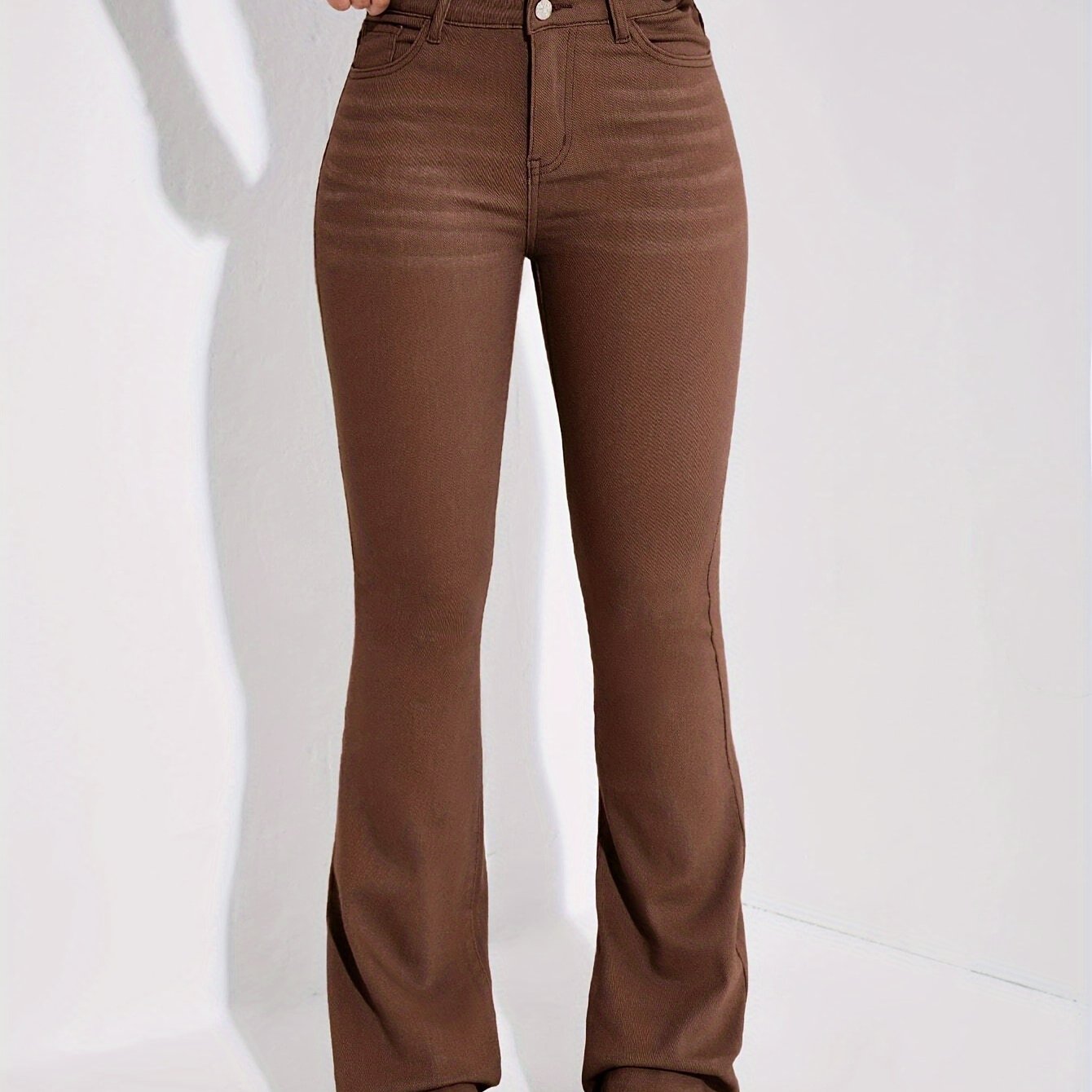 vlovelaw Solid Color Bootcut Jeans, Slant Pocket Mid-stretch Fitted Denim Pants, Women's Denim Jeans & Clothing