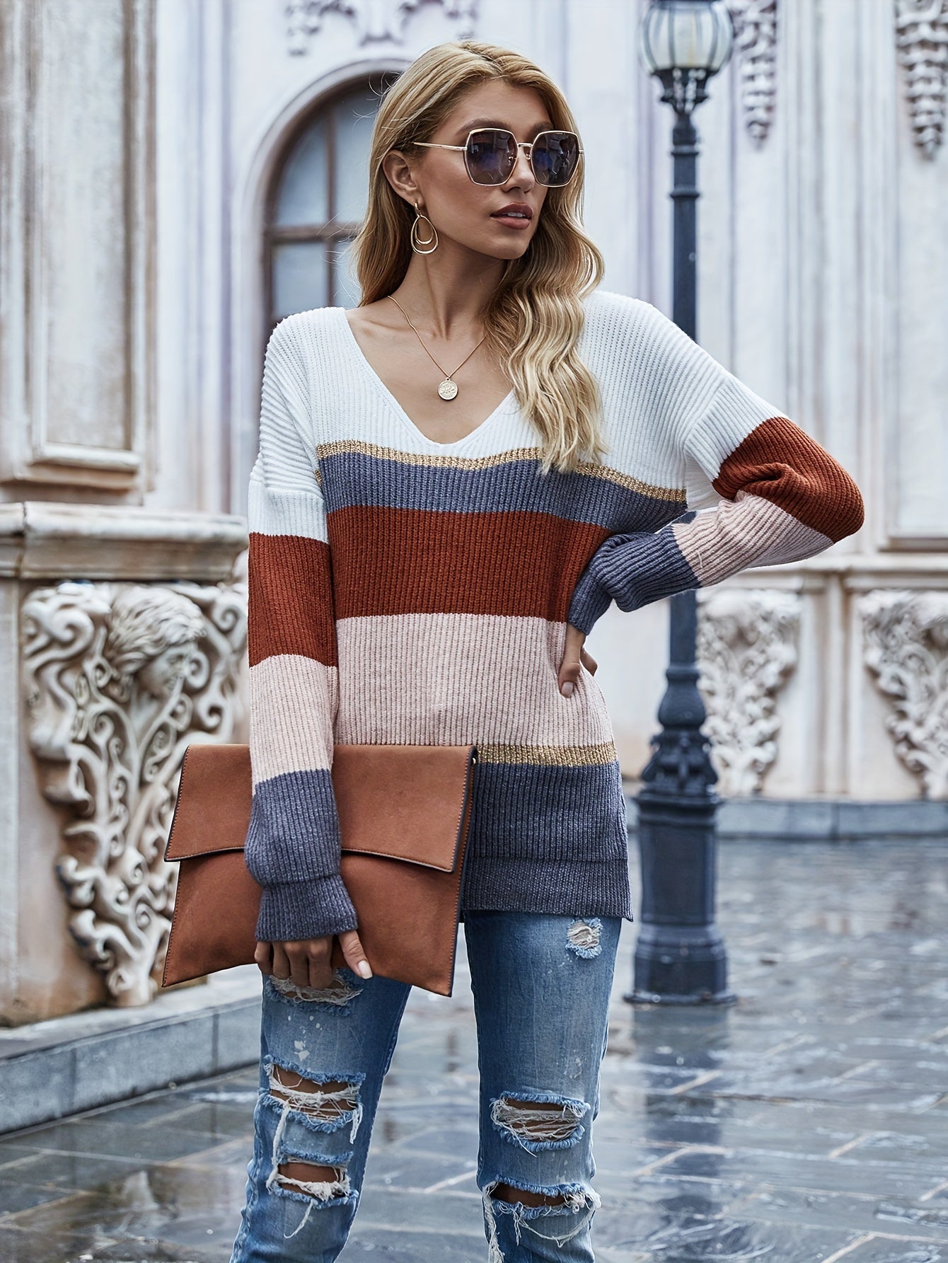 vlovelaw Color Block V Neck Pullover Sweater, Elegant Long Sleeve Drop Shoulder Sweater, Women's Clothing