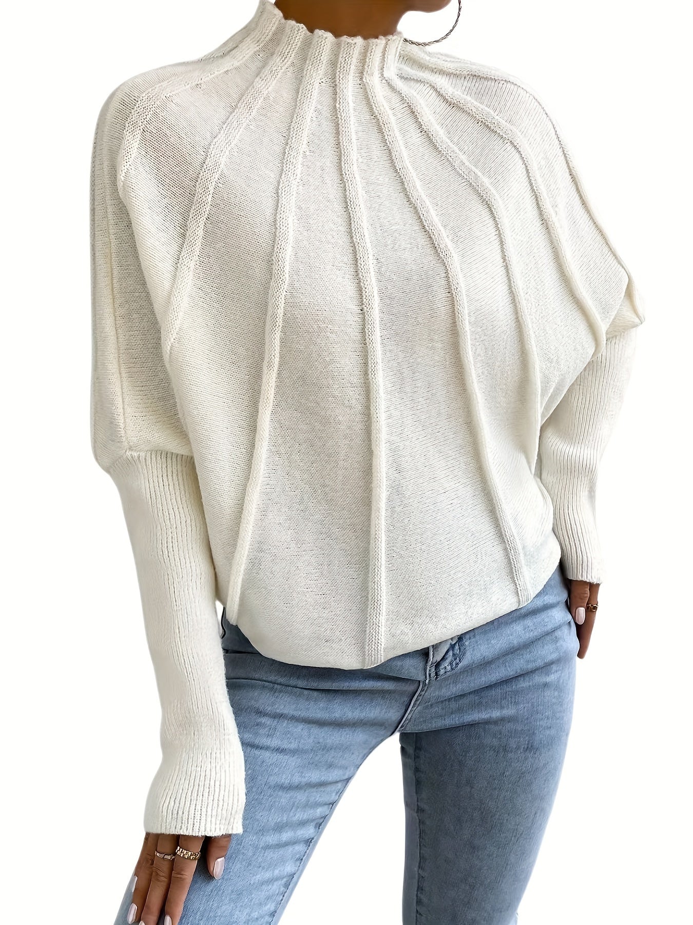vlovelaw Solid Mock Neck Pullover Sweater, Elegant Batwing Sleeve Stylish Sweater, Women's Clothing