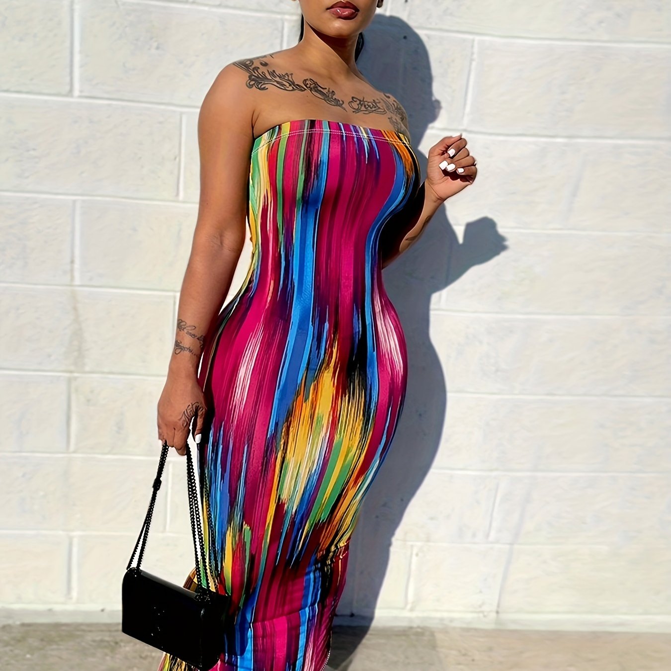 vlovelaw Colorful Printing Tube Dress, Sexy Off Shoulder Bodycon Maxi Dress, Women's Clothing