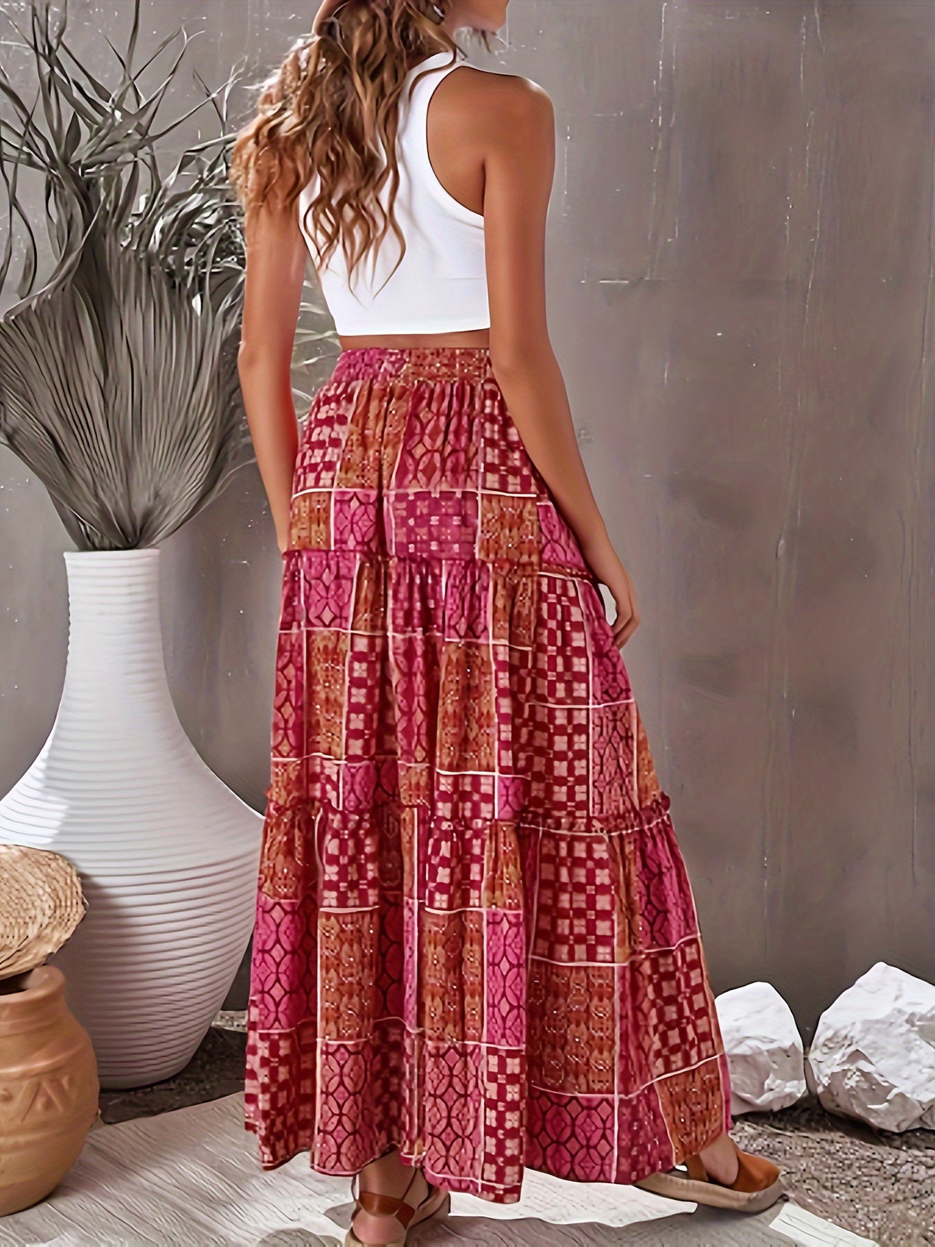 Plus Size Boho Skirt, Women's Plus Patchwork Print Elastic Drawstring High Rise Smock Maxi Skirt