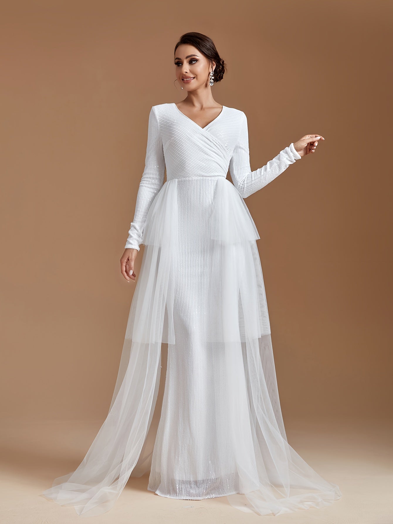 vlovelaw Mesh Panel Sequin Tiered Dress, Long Sleeve V Neck Mermaid Wedding Dress, Women's Clothing