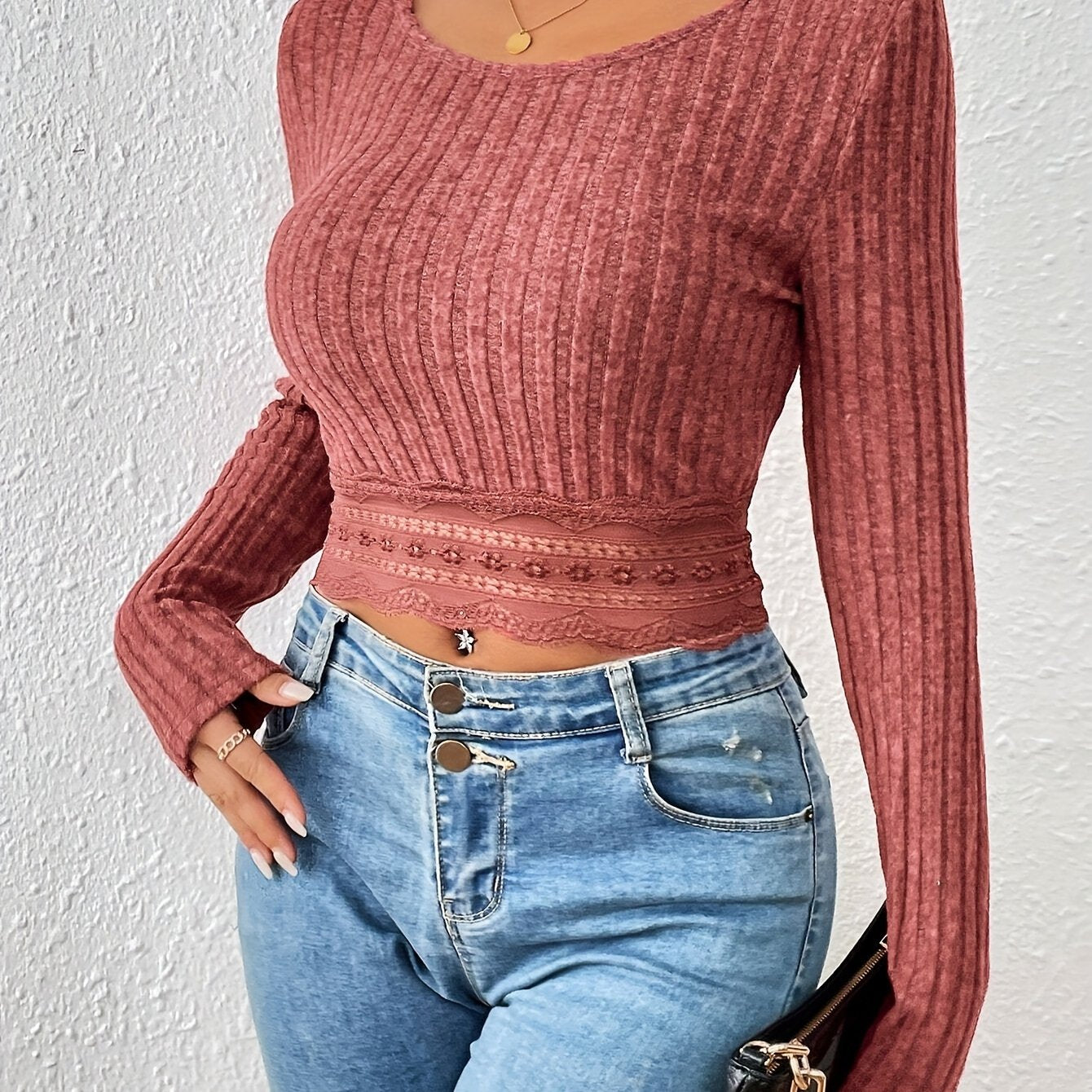 vlovelaw Lace Hem Ribbed T-Shirt, Casual Crew Neck Long Sleeve Cropped Top, Women's Clothing