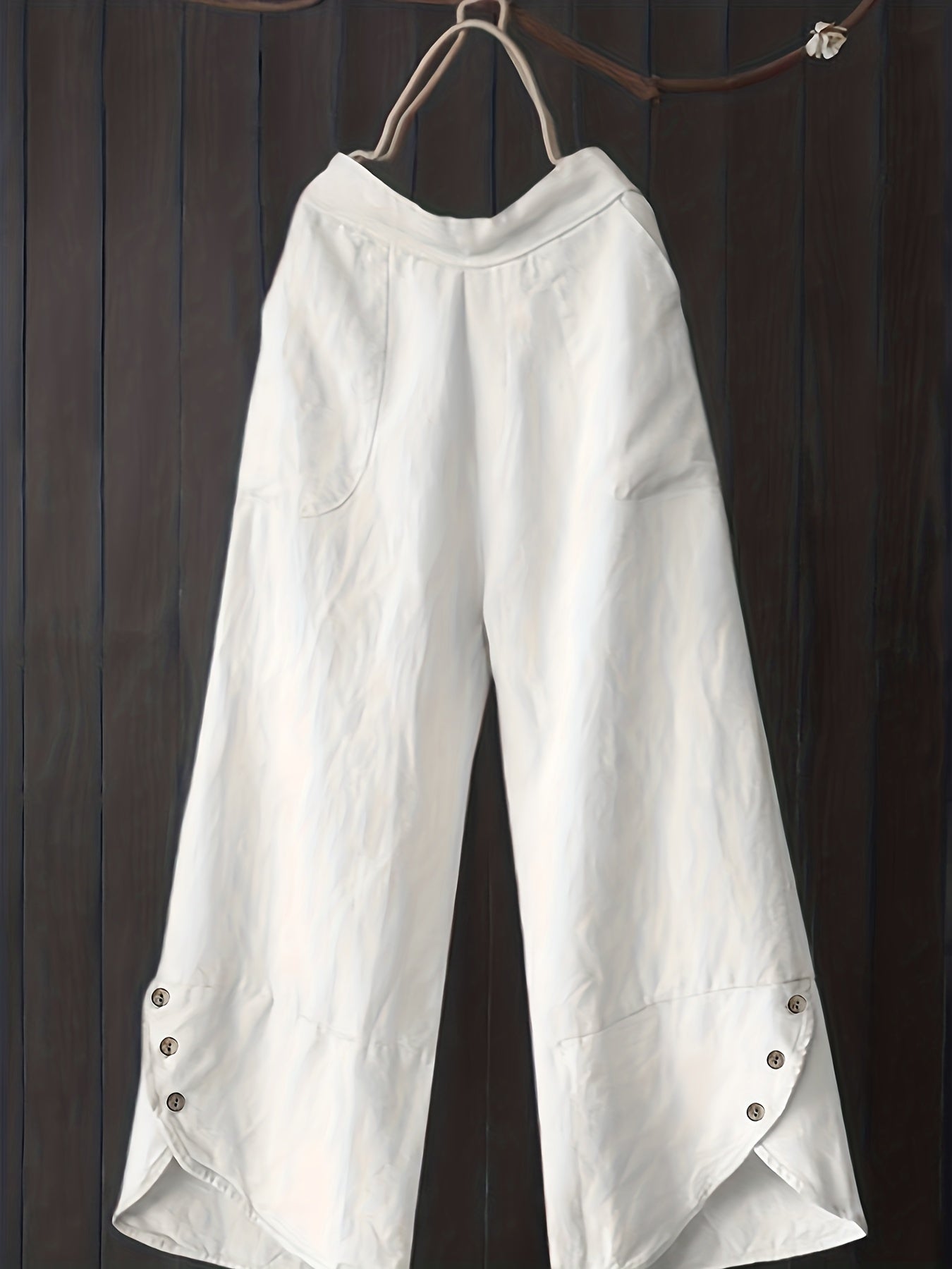 vlovelaw Plus Size High Rise Button Decor Irregular Wide Leg Pants, Women's Plus Casual Loose Fit Wide Leg Pants