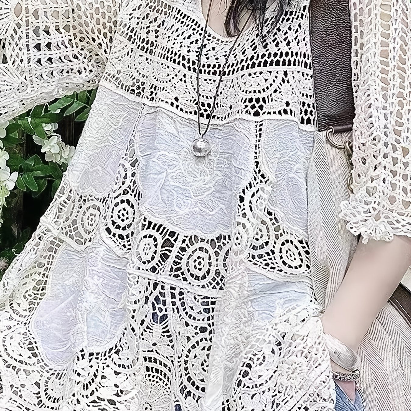 vlovelaw Crochet Cover Up Top, Casual Beach Wear Cut Out Half Sleeve Top, Women's Clothing