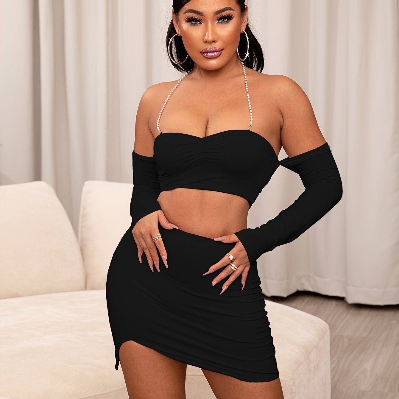 vlovelaw Solid Sexy Skirt Suit, Long Sleeve Backless Cross Spaghetti Strap Crop Halter Top & High Waist Bodycon Skirt Outfits, Women's Clothing