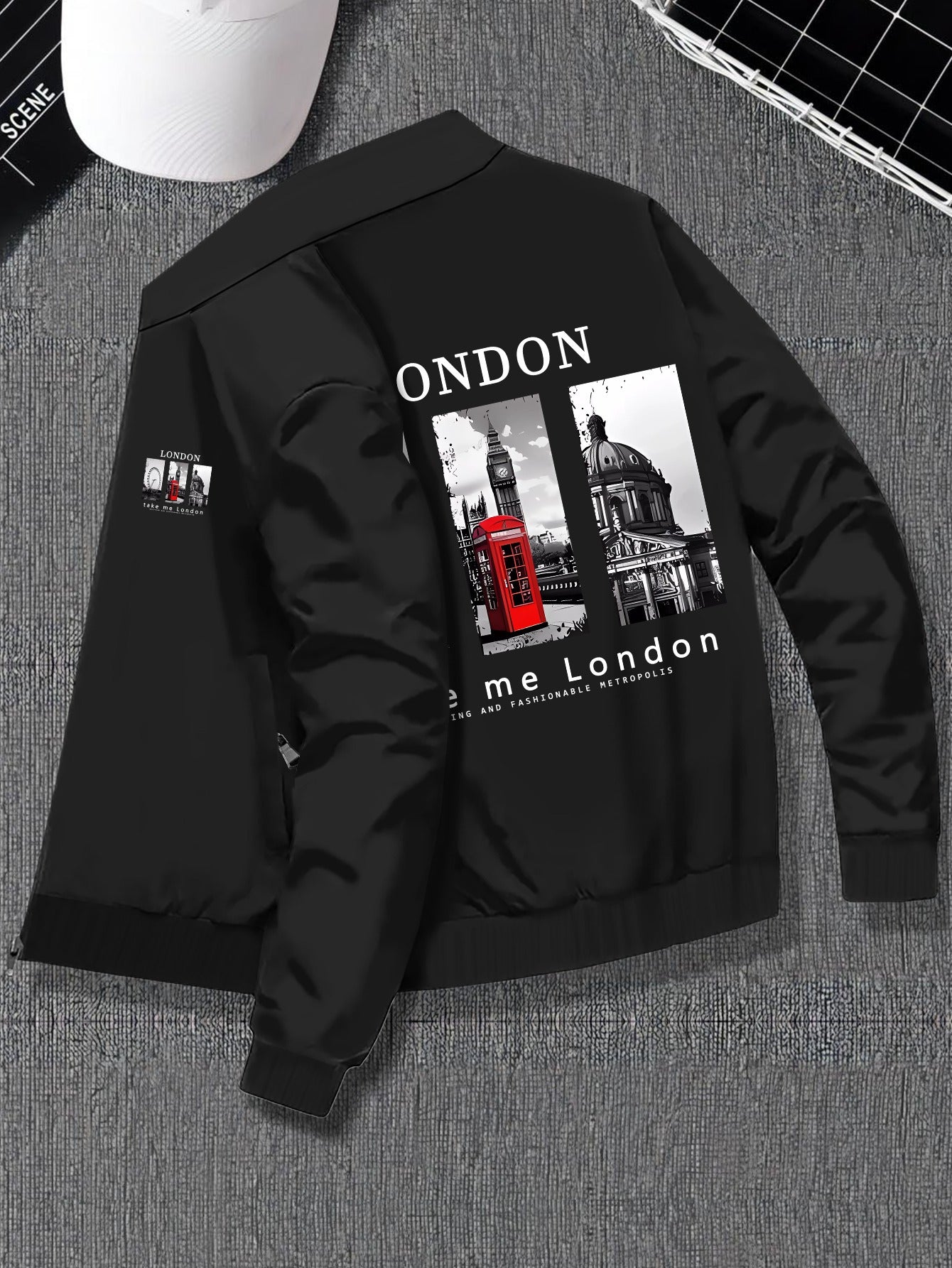 Plus Size Men'S Varsity Jacket with Stand Collar, Casual Polyester Blend, Zipper Closure, Regular Fit, No Lining, Stretch Fabric, Pockets, London Print Design