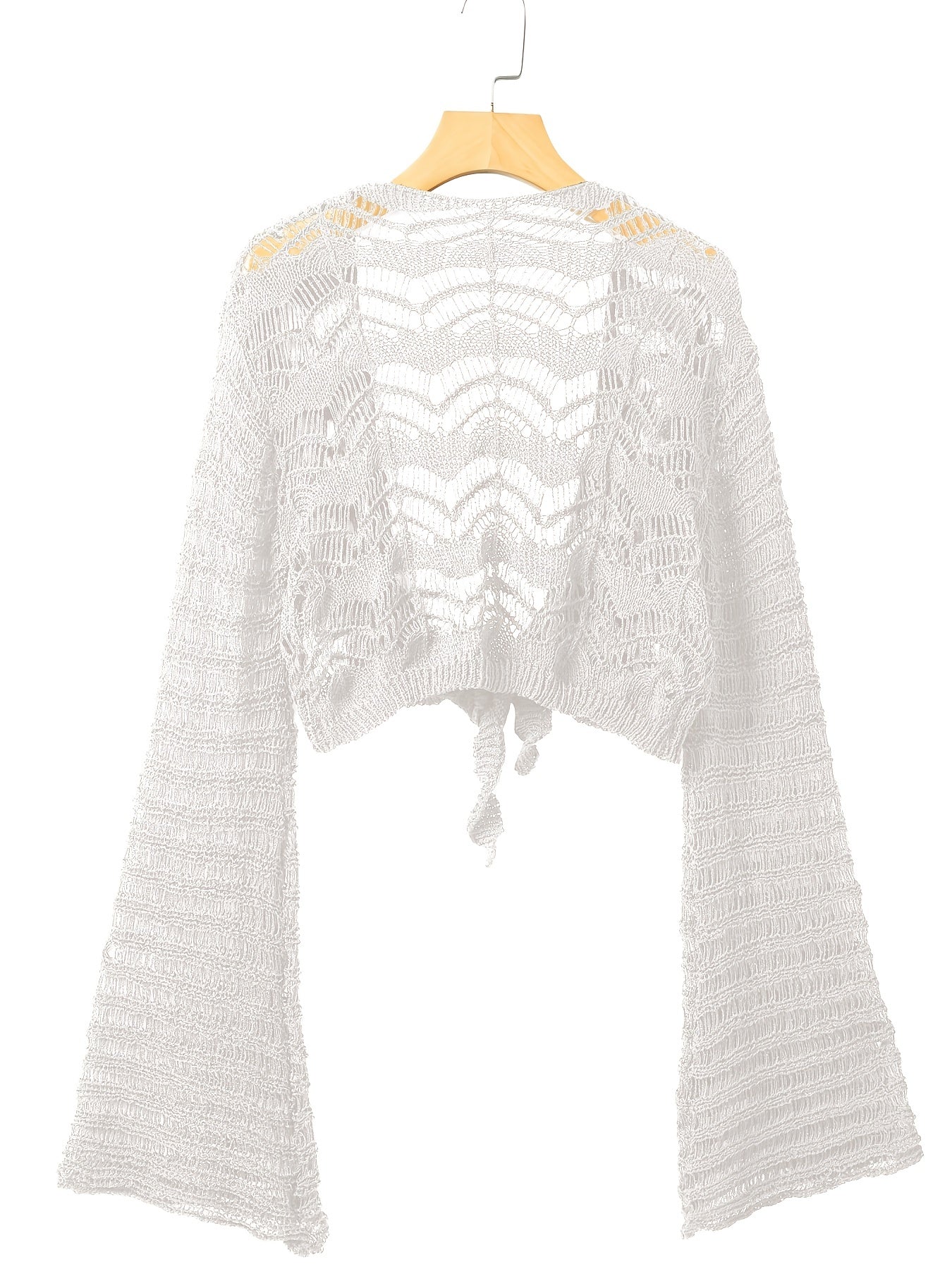 vlovelaw vlovelaw Crochet Cropped Knit Cardigan, Boho Flared Sleeve Solid Sweater, Women's Clothing