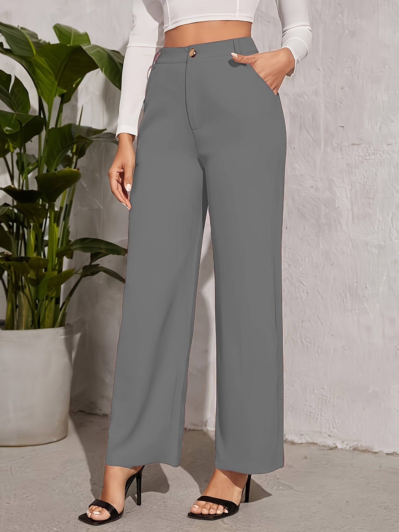 vlovelaw Solid High Waist Trousers, Straight Leg Dual Pockets Pants For Work & Office, Women's Clothing