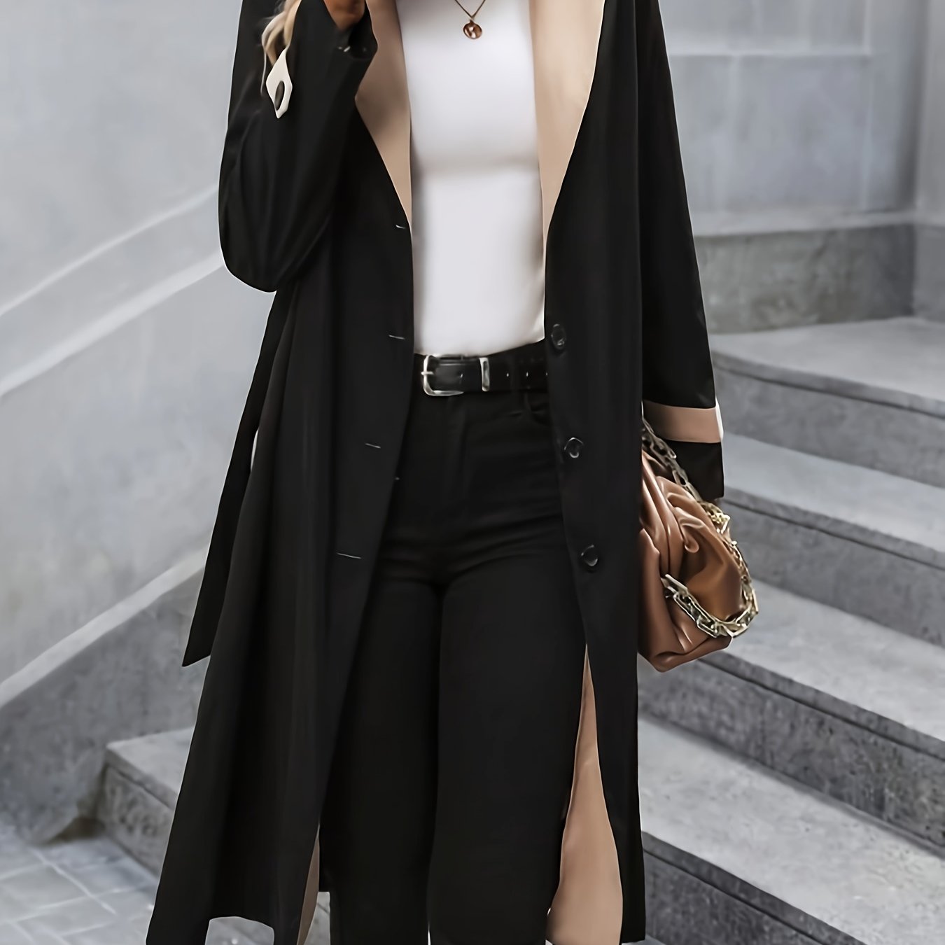 Button Front Notched Collar Coat, Casual Long Sleeve Mid Length Outerwear, Women's Clothing