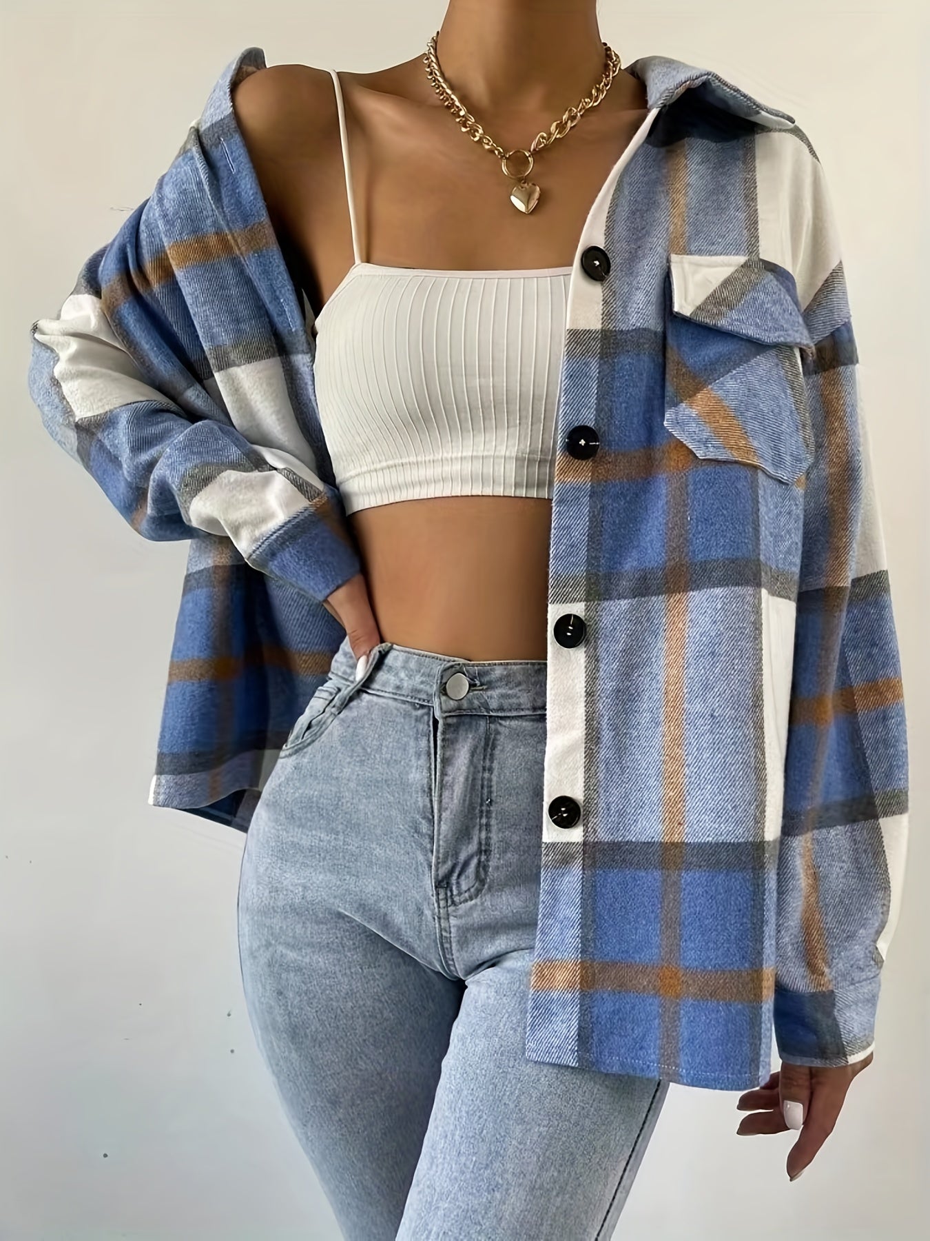 vlovelaw Plaid Print Shacket Jacket, Casual Button Front Long Sleeve Outerwear, Women's Clothing