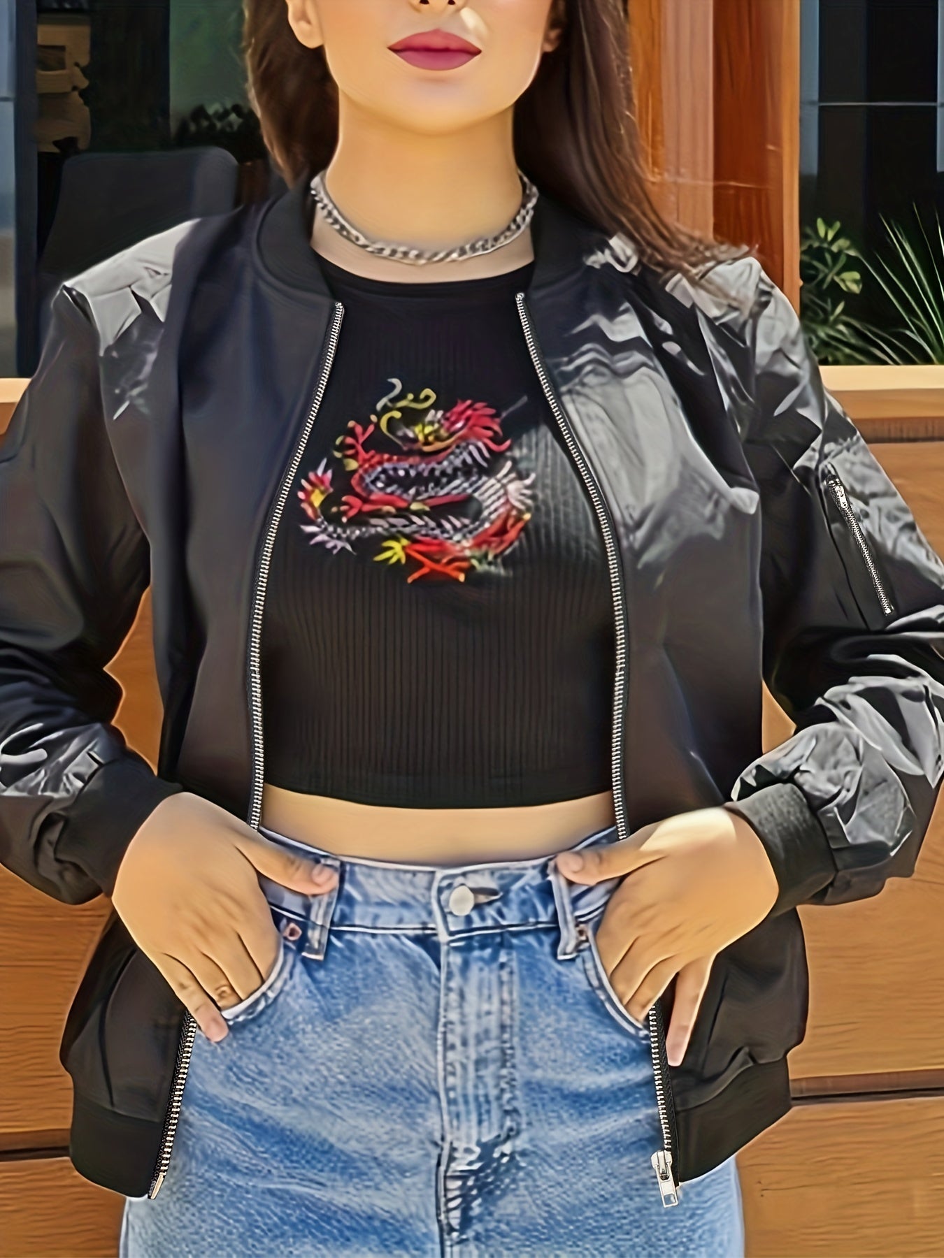 Simple Zip Up Bomber Jacket, Casual Solid Long Sleeve Outerwear, Women's Clothing