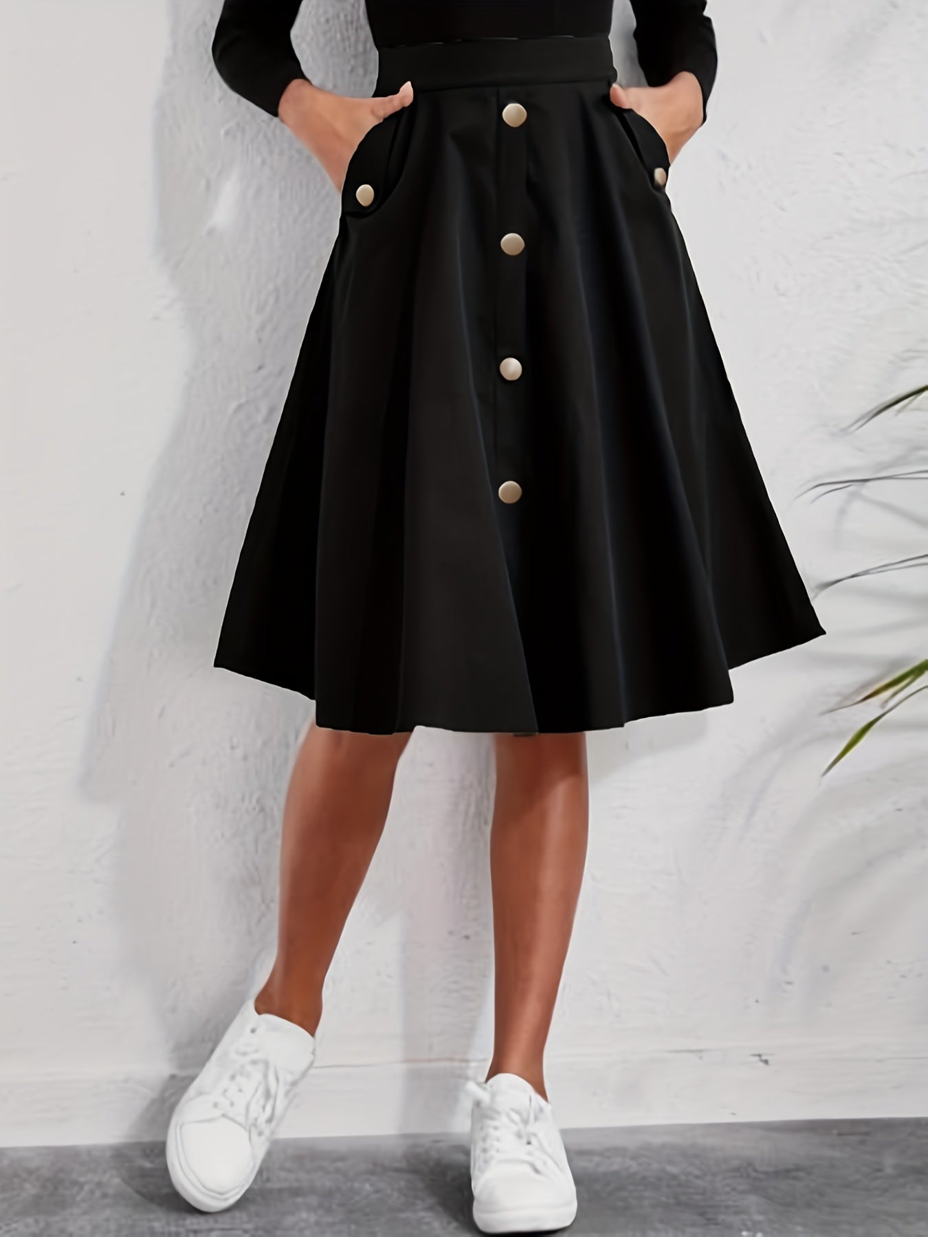 Button Front Pocket Skirt, Casual Solid Every Day Skirt, Women's Clothing