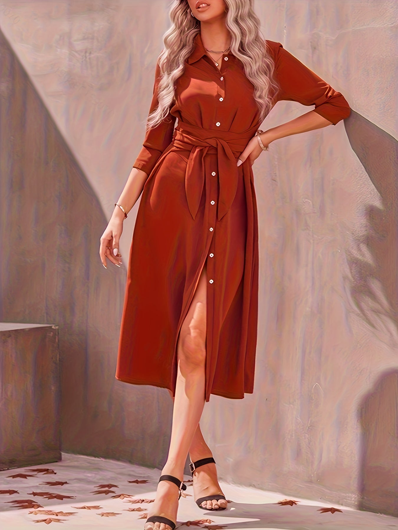 vlovelaw Button Front Long Sleeve Dress, Elegant Solid Midi Dress, Women's Clothing