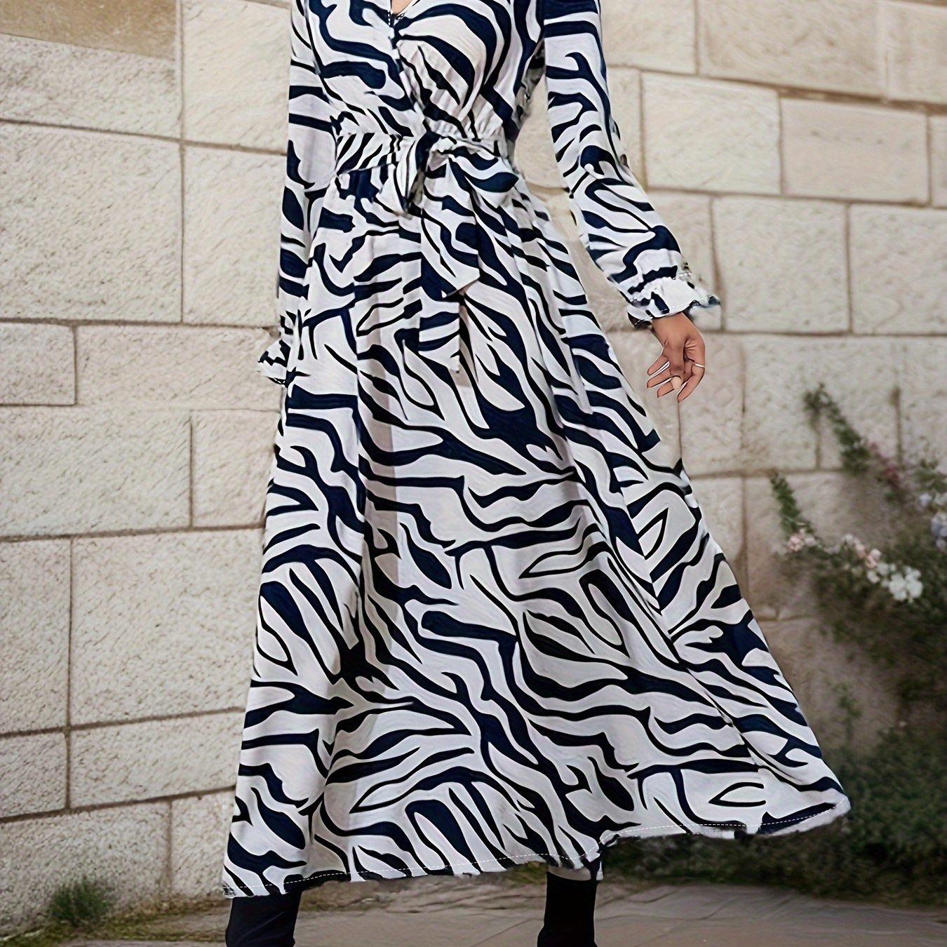 Zebra Stripe Print Lantern Sleeve Dress, Surplice Neck Tie-waist Dress, Women's Clothing