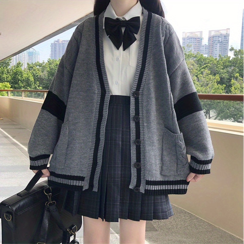 vlovelaw Color Block Button Front Knit Cardigan, Elegant V Neck Long Sleeve Sweater For Fall & Winter, Women's Clothing