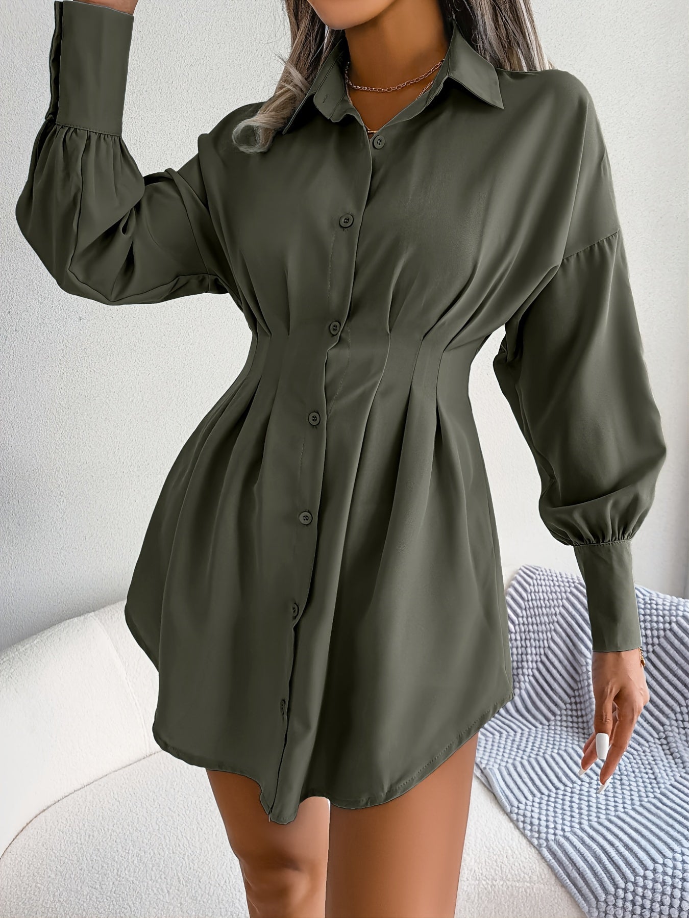 Lantern Sleeve Pleated Waist Dress, Casual Shirt Dress For Spring & Fall, Women's Clothing