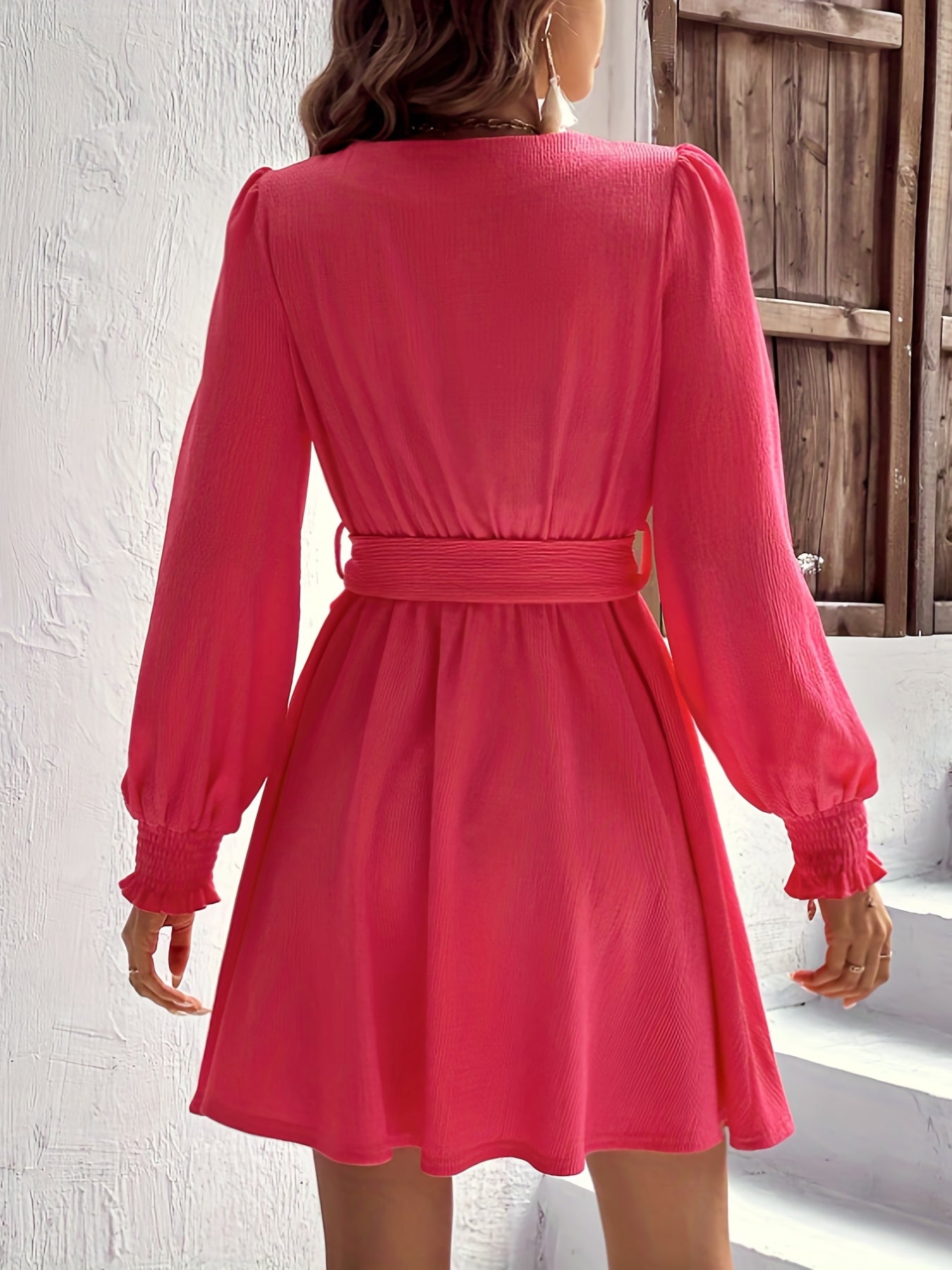Shirred Surplice Neck Dress, Casual Long Sleeve Pleated Dress, Women's Clothing