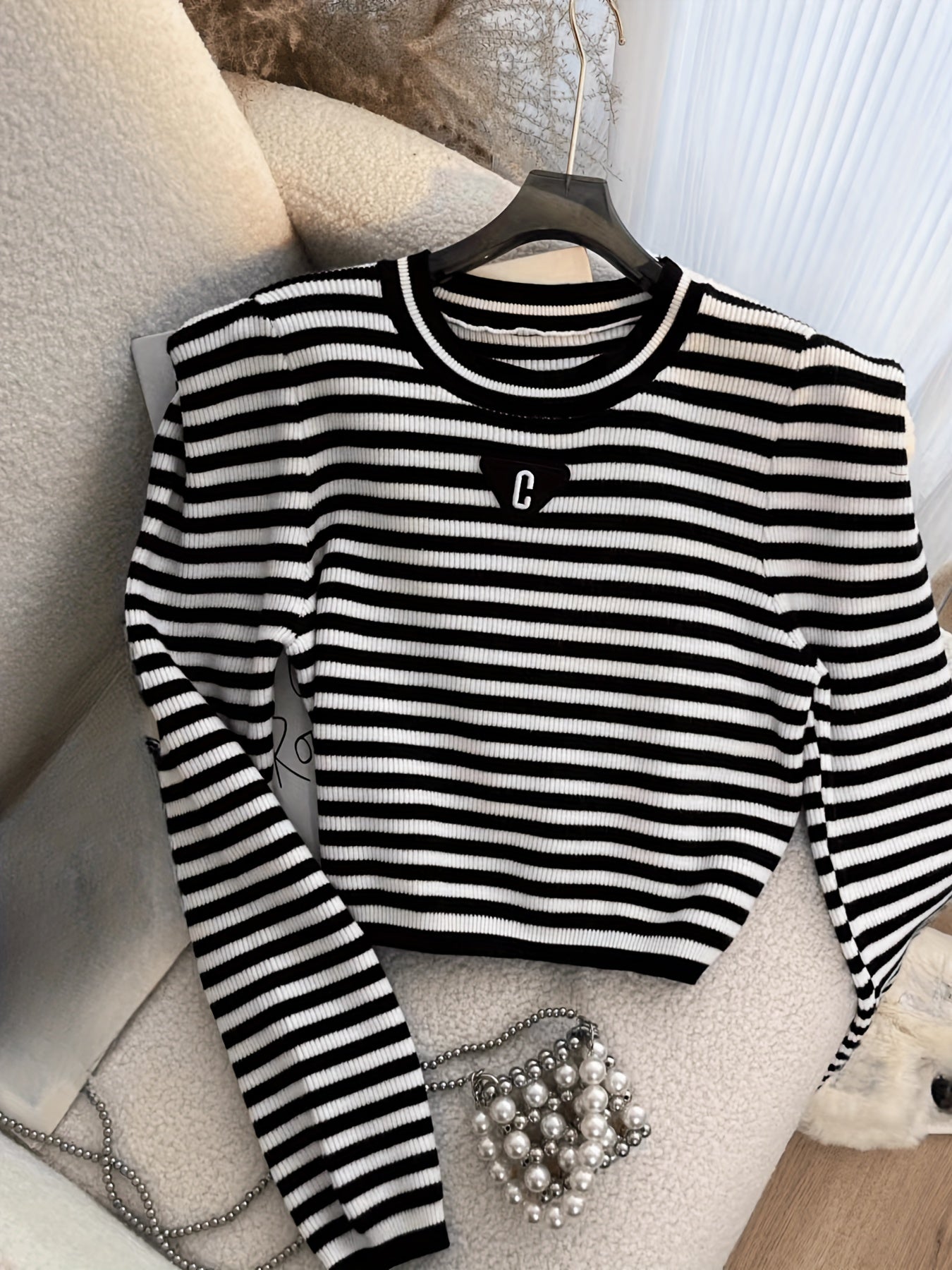 vlovelaw Striped Crew Neck Knitted Top, Elegant Puff Sleeve Crop Stylish Sweater, Women's Clothing