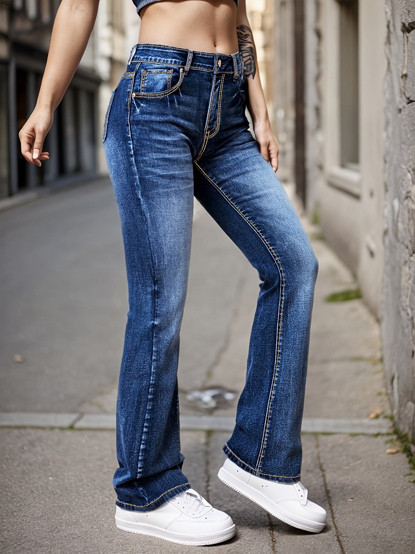 vlovelaw Leisure Bell Bottom Jeans, High Stretch Slim Fitted Denim Pants With Slant Pocket, Women's Denim Jeans & Clothing
