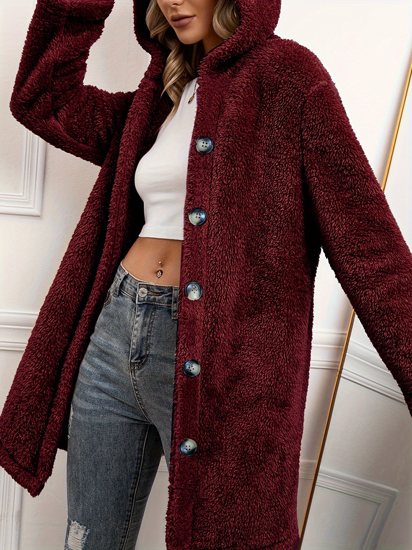 vlovelaw Fuzzy Button Front Hooded Coat, Casual Solid Long Sleeve Warm Outerwear, Women's Clothing