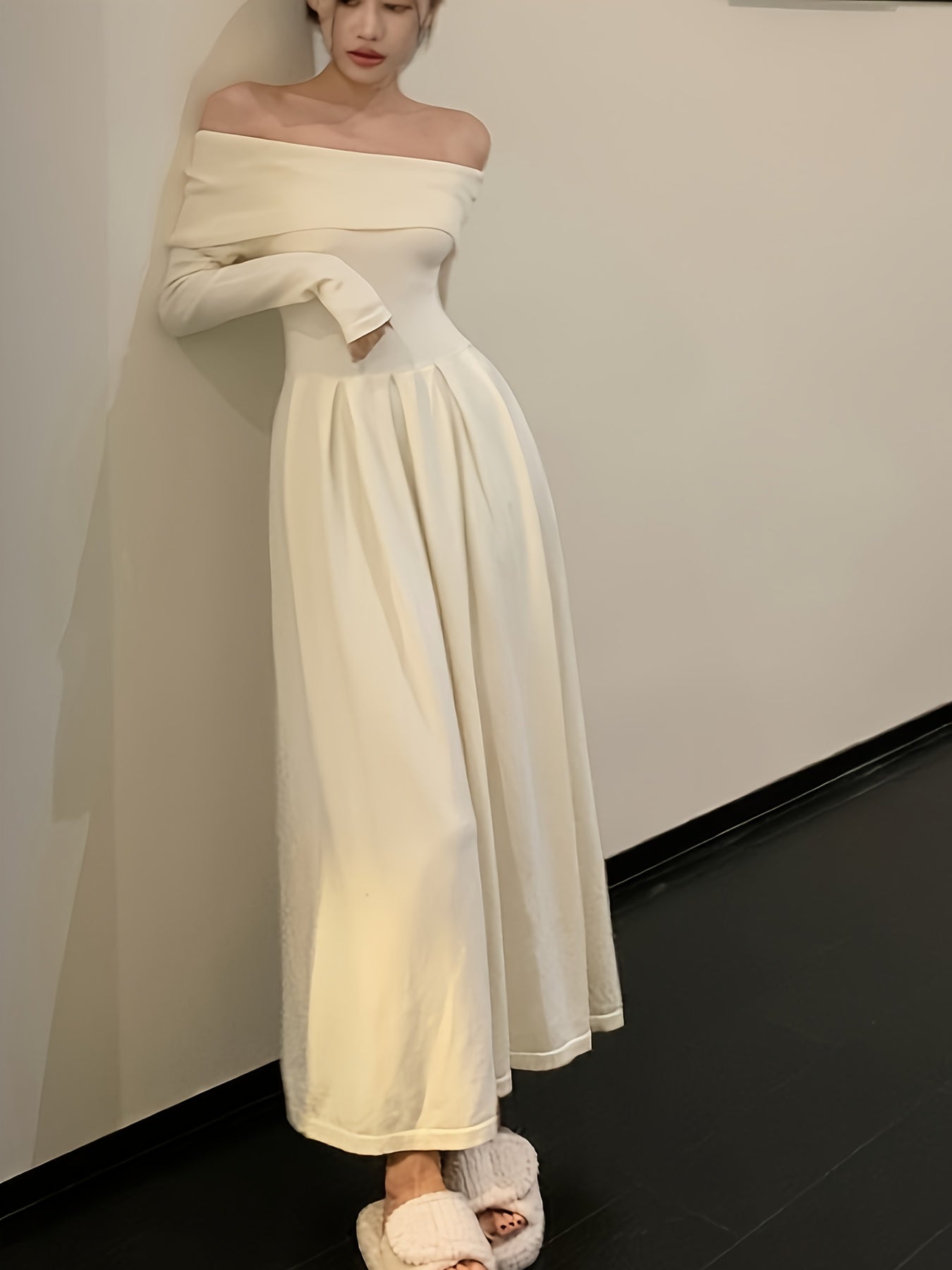 vlovelaw Solid Off Shoulder Aline Dress, Elegant Ruffle Hem Long Sleeve Slim Dress For Spring & Fall, Women's Clothing
