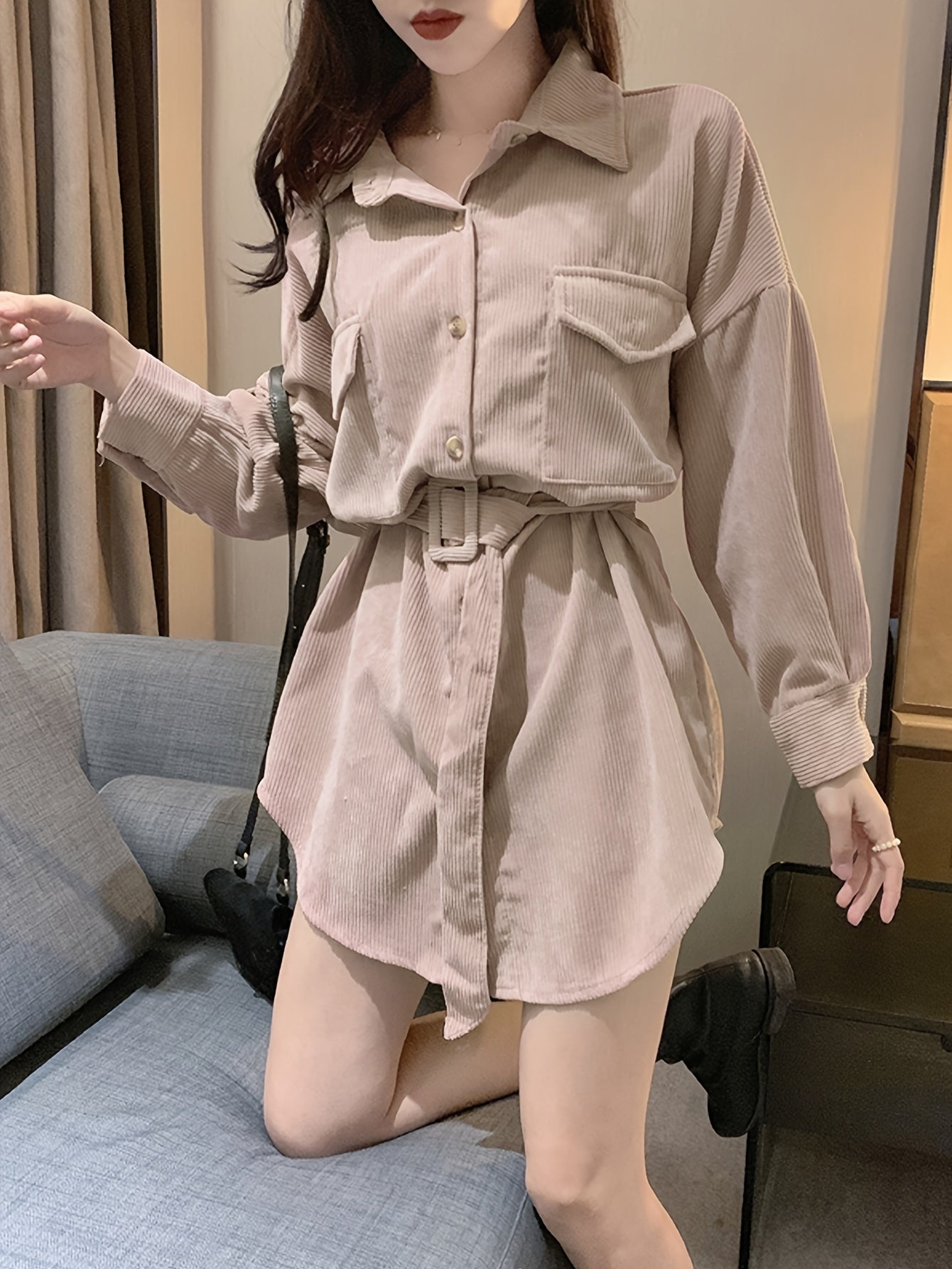 vlovelaw Solid Single Breasted Corduroy Shirt, Casual Drop Shoulder Long Sleeve Shirt For Spring & Fall, Women's Clothing