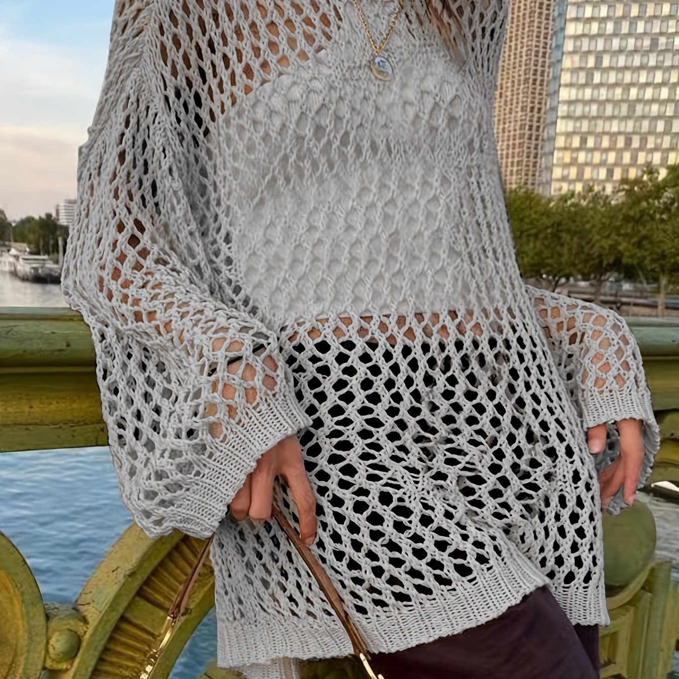 vlovelaw Crochet Cut Out Cover Up Top, Y2K Long Sleeve Crew Neck Top, Women's Clothing
