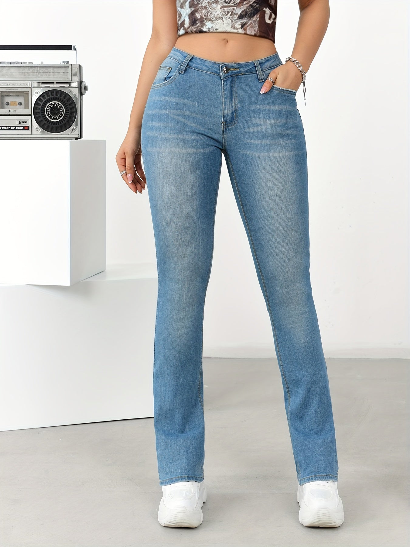 vlovelaw High Stretch Washed Bootcut Jeans, Slant Pockets Versatile Denim Pants, Women's Denim Jeans & Clothing