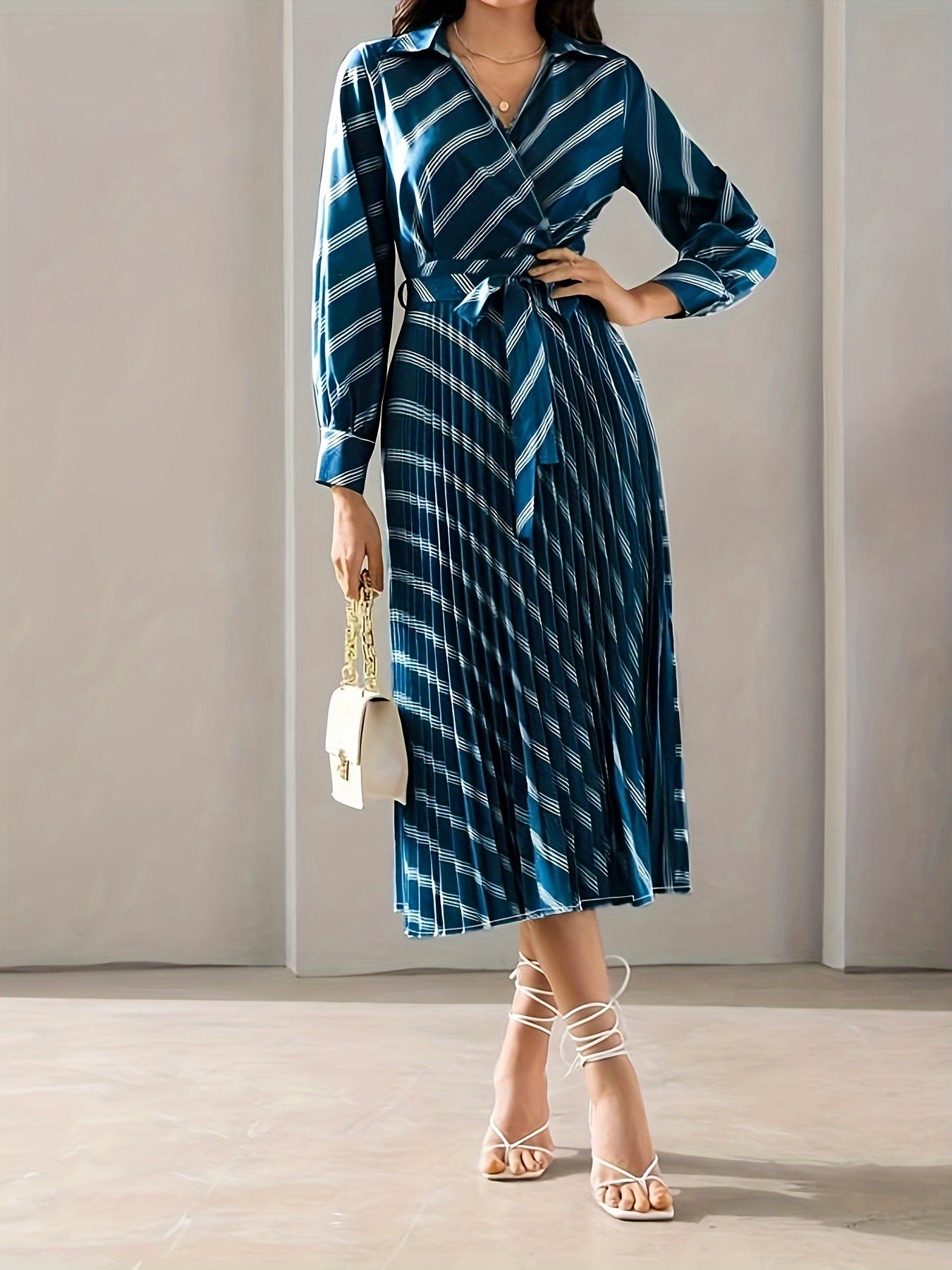 vlovelaw Striped Surplice Neck Dress, Elegant Long Sleeve Belted Dress For Spring & Fall, Women's Clothing