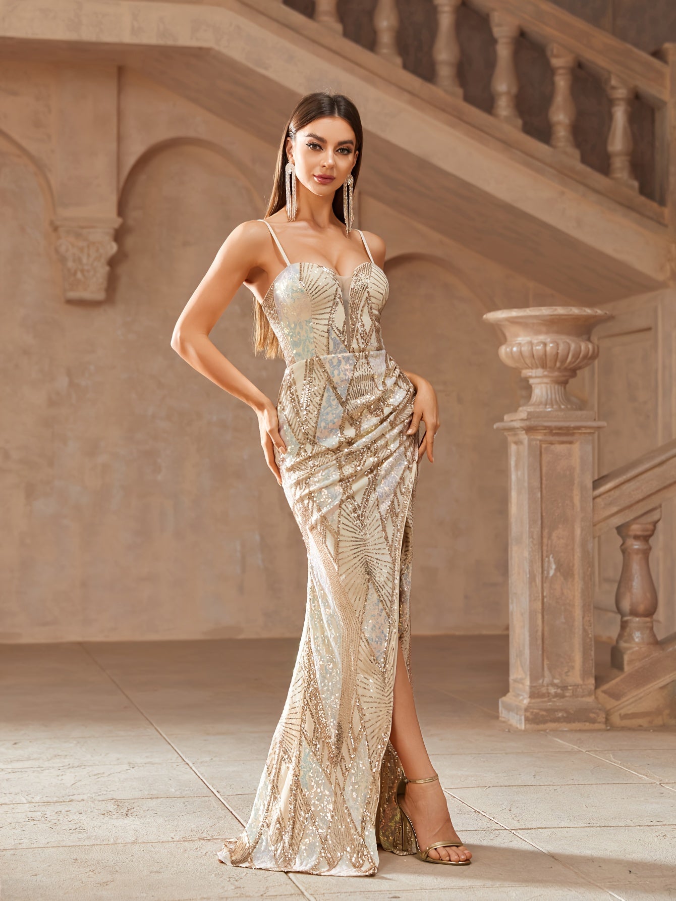 vlovelaw Elegant Skinny Sequined Cami Dress, Sleeveless High Slit Dress For Party & Banquet, Women's Clothing