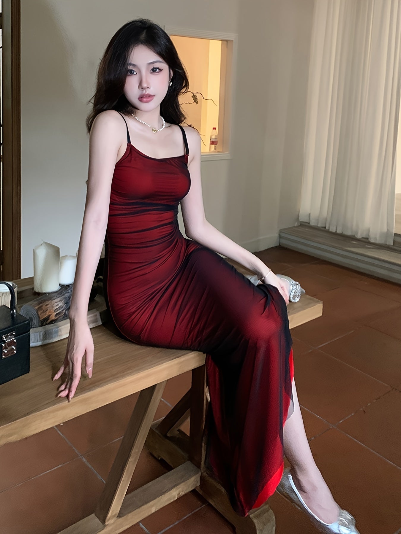 vlovelaw Contrast Trim Ruched Cami Dress, Sexy Sleeveless Bodycon Dress For Spring & Summer, Women's Clothing