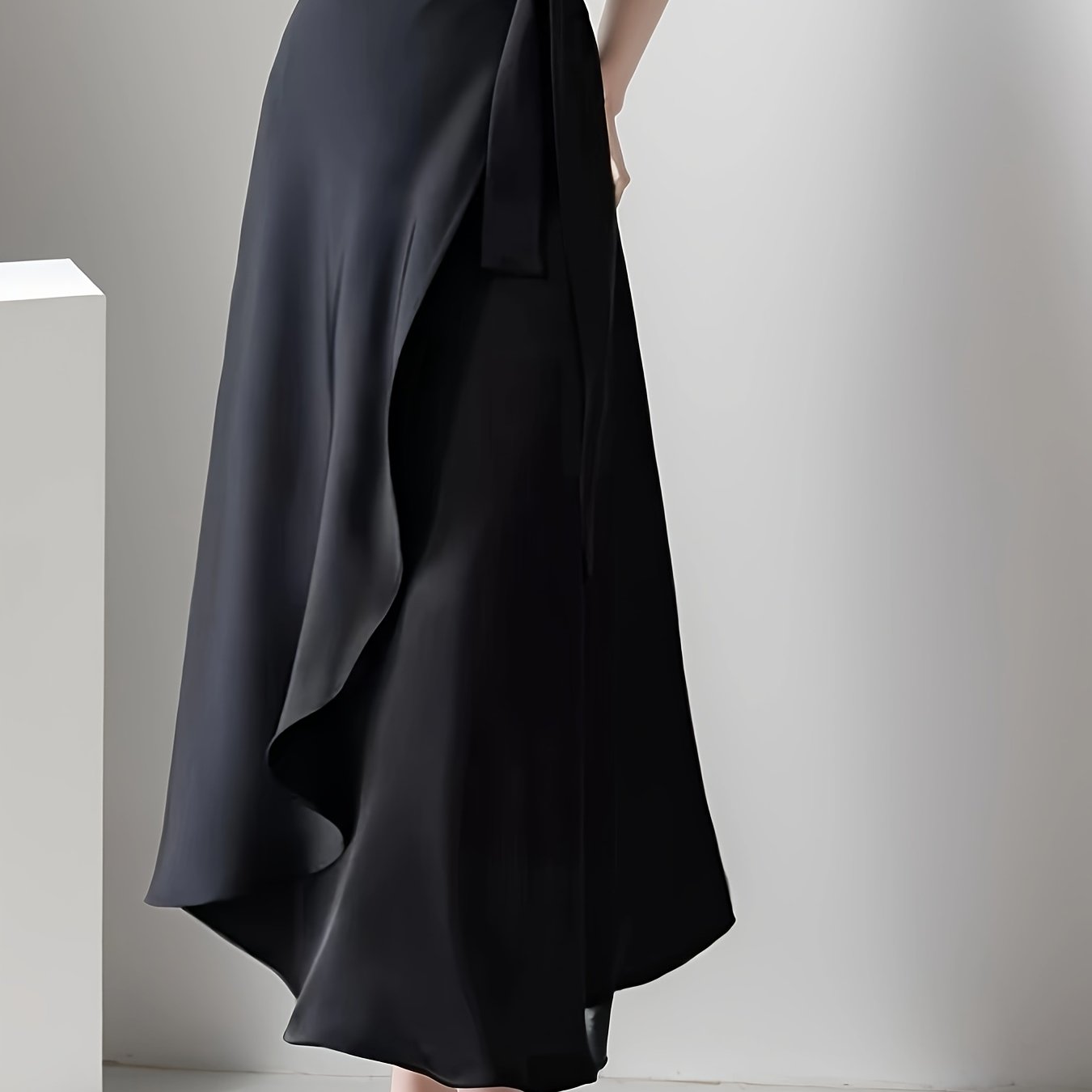 Solid High Waist Draped Skirt, Elegant Lace Up Flared Swing Midi Skirt, Women's Clothing