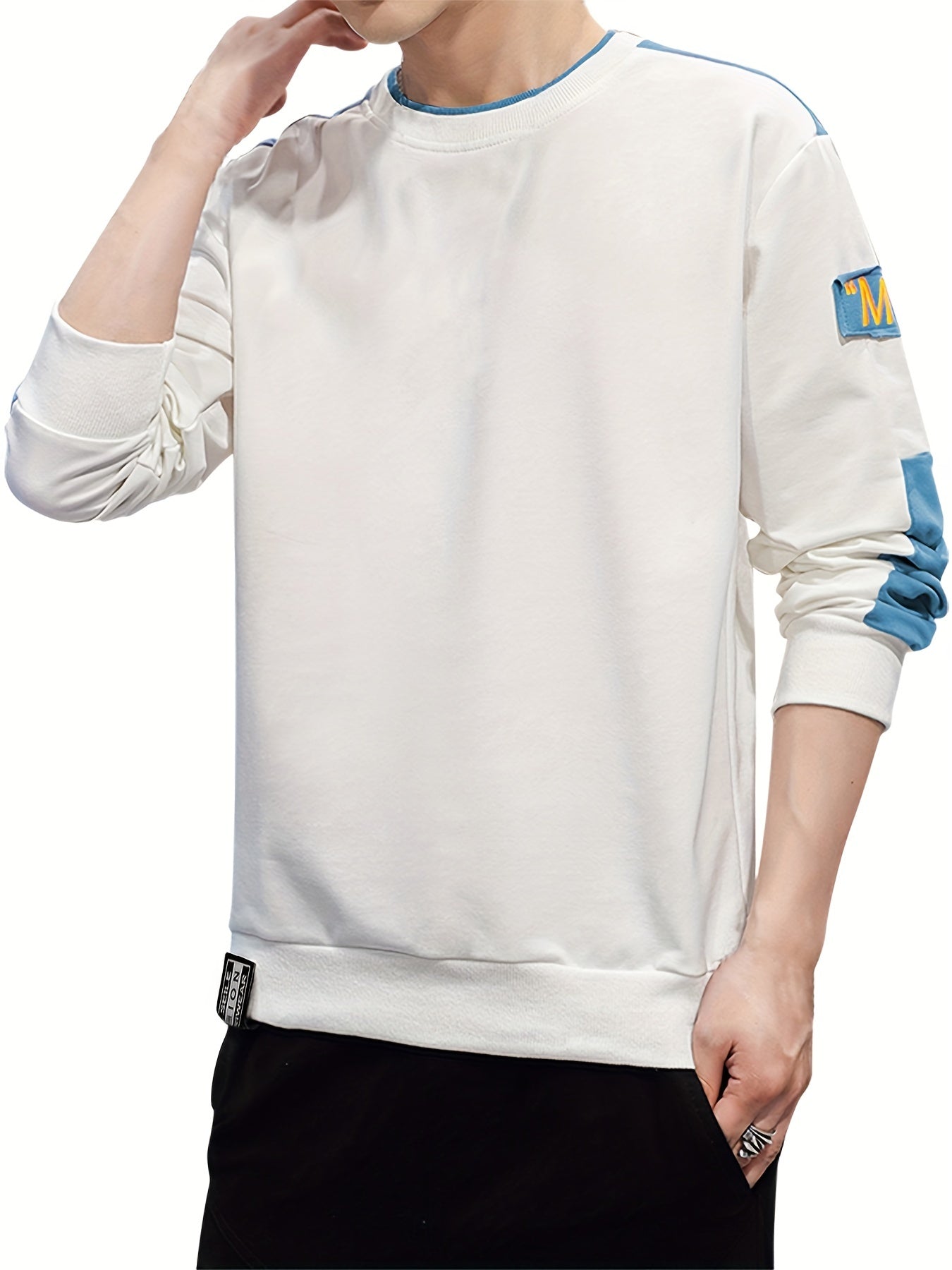 vlovelaw vlovelaw Men's Color Block Long Sleeve Round Neck Sweatshirt, Casual Alphabet Print Pullover Top, Spring Fall Outdoor