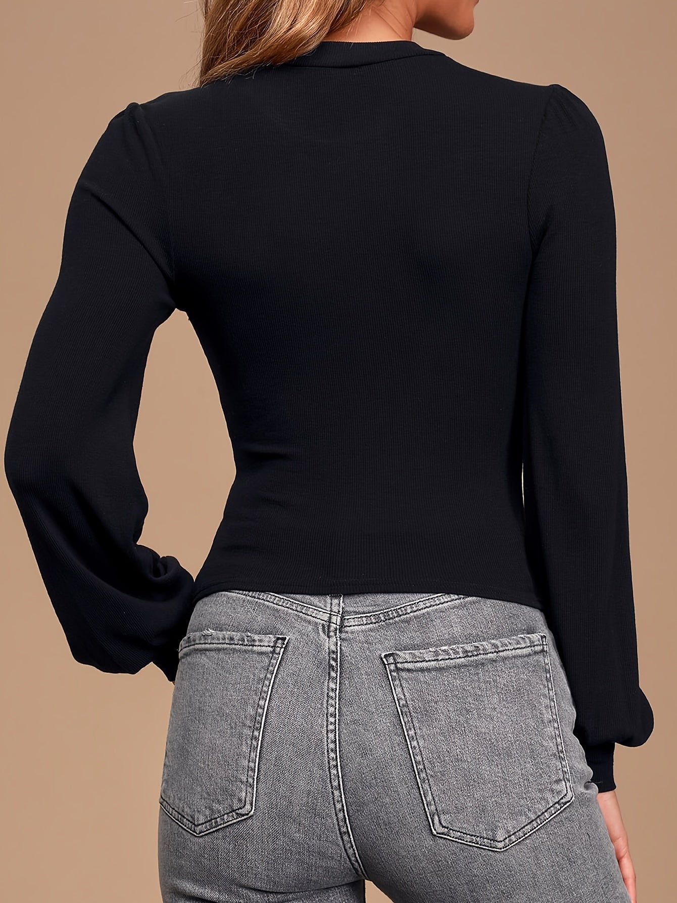 vlovelaw Solid Crew Neck Slim T-Shirt, Casual Lantern Sleeve T-Shirt For Spring & Fall, Women's Clothing