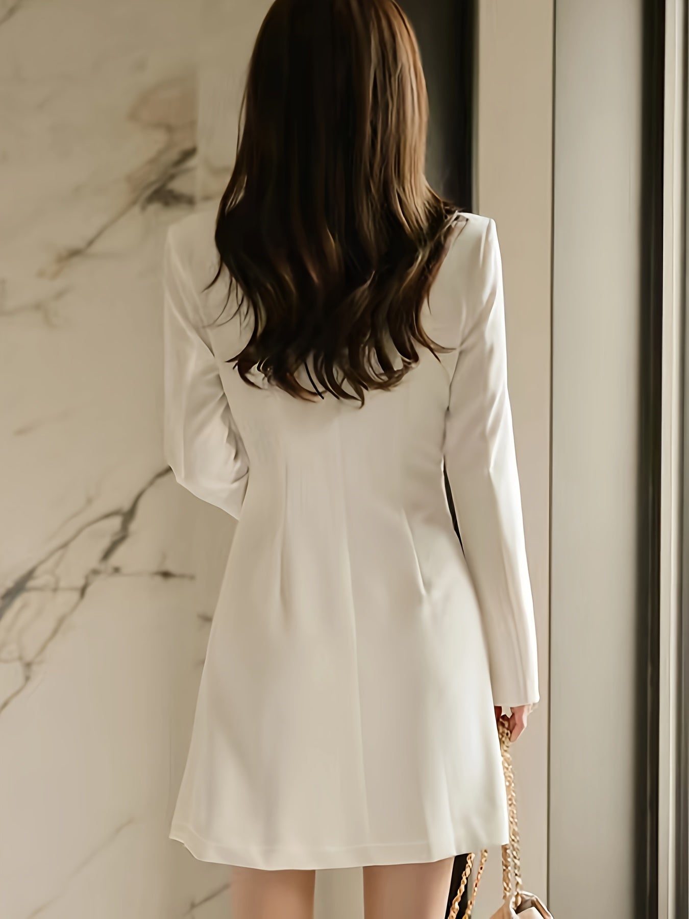 vlovelaw Double Breasted Pleated Blazer, Elegant Solid Long Sleeve Mid Length Outerwear, Women's Clothing