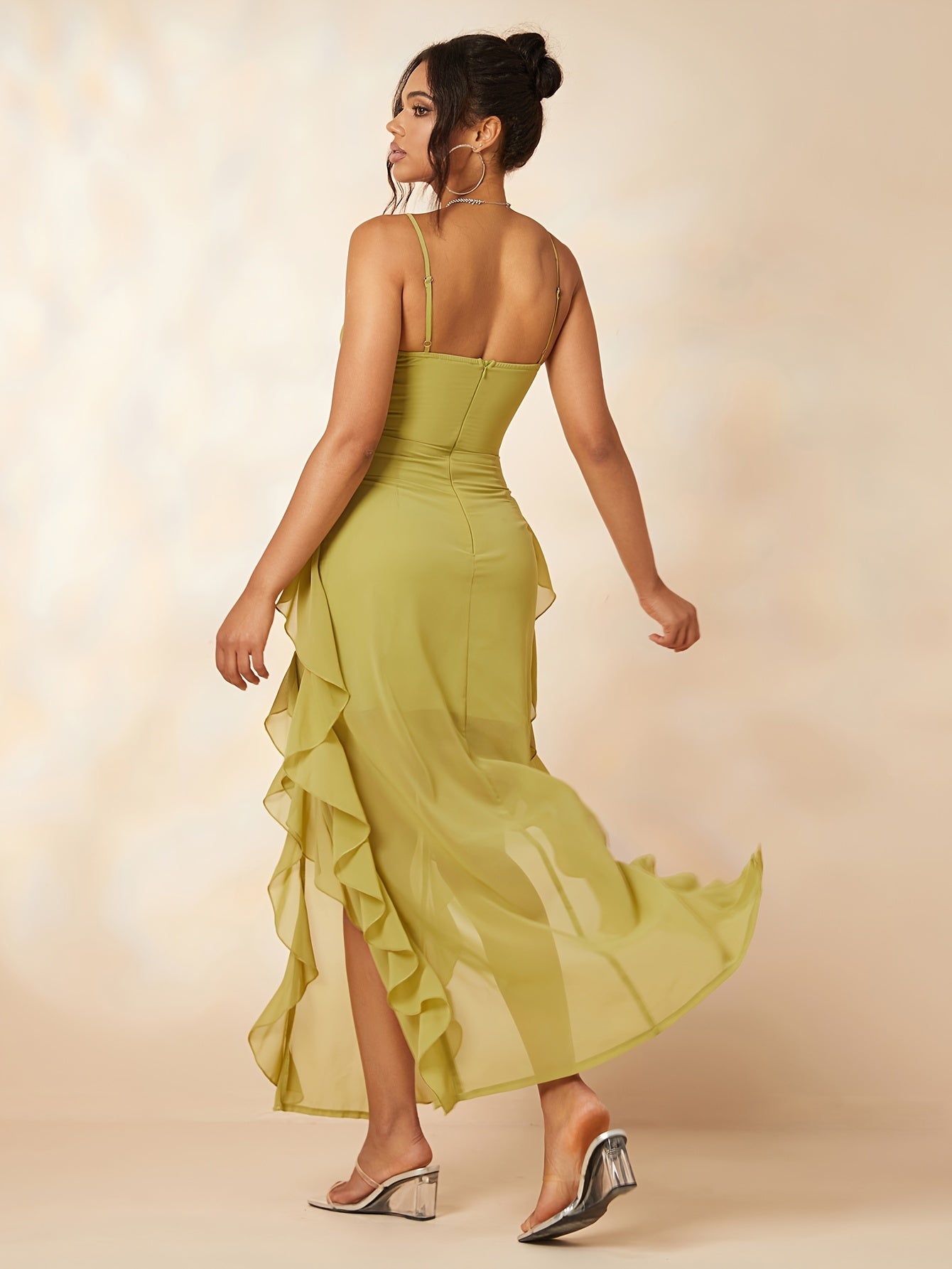 vlovelaw Ruffle Trim Split Dress, Party Wear Spaghetti Strap Solid Dress, Women's Clothing