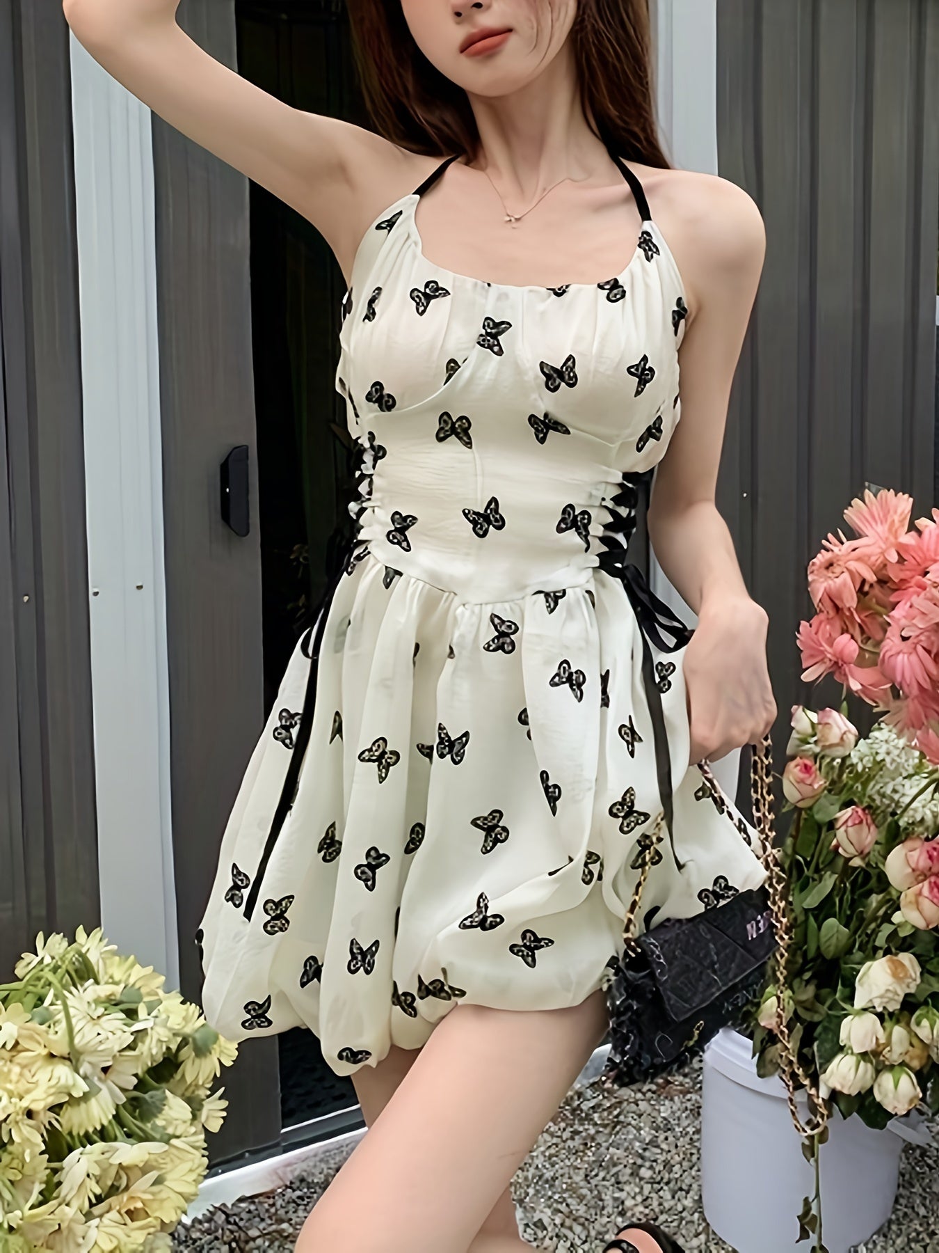 vlovelaw Butterfly Pattern Tie Side Halter Dress, Casual Sleeveless Backless Waist Dress, Women's Clothing
