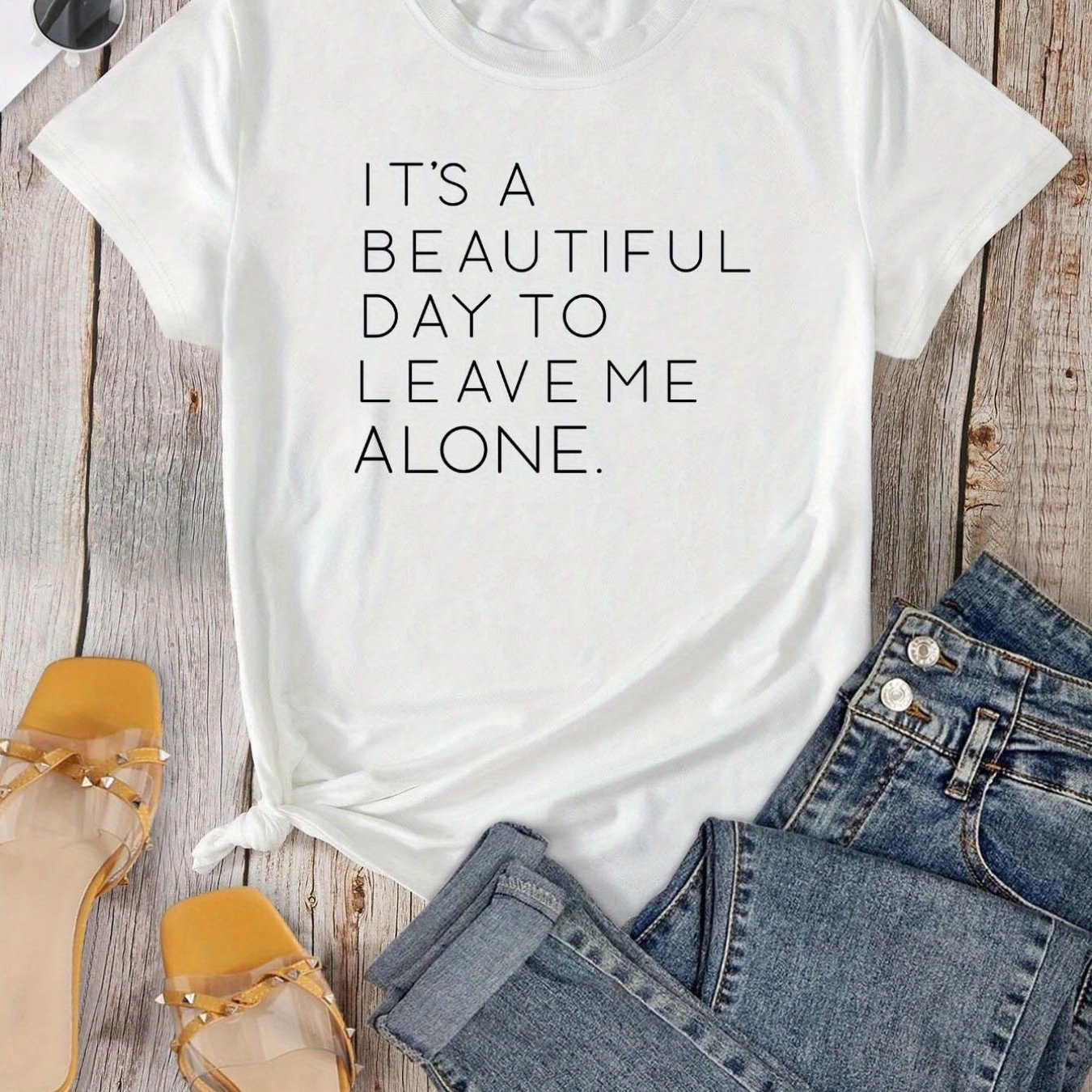 vlovelaw Casual Leave Me Alone Print Crew Neck T-shirt, Loose Short Sleeve Fashion Summer T-Shirts Tops, Women's Clothing