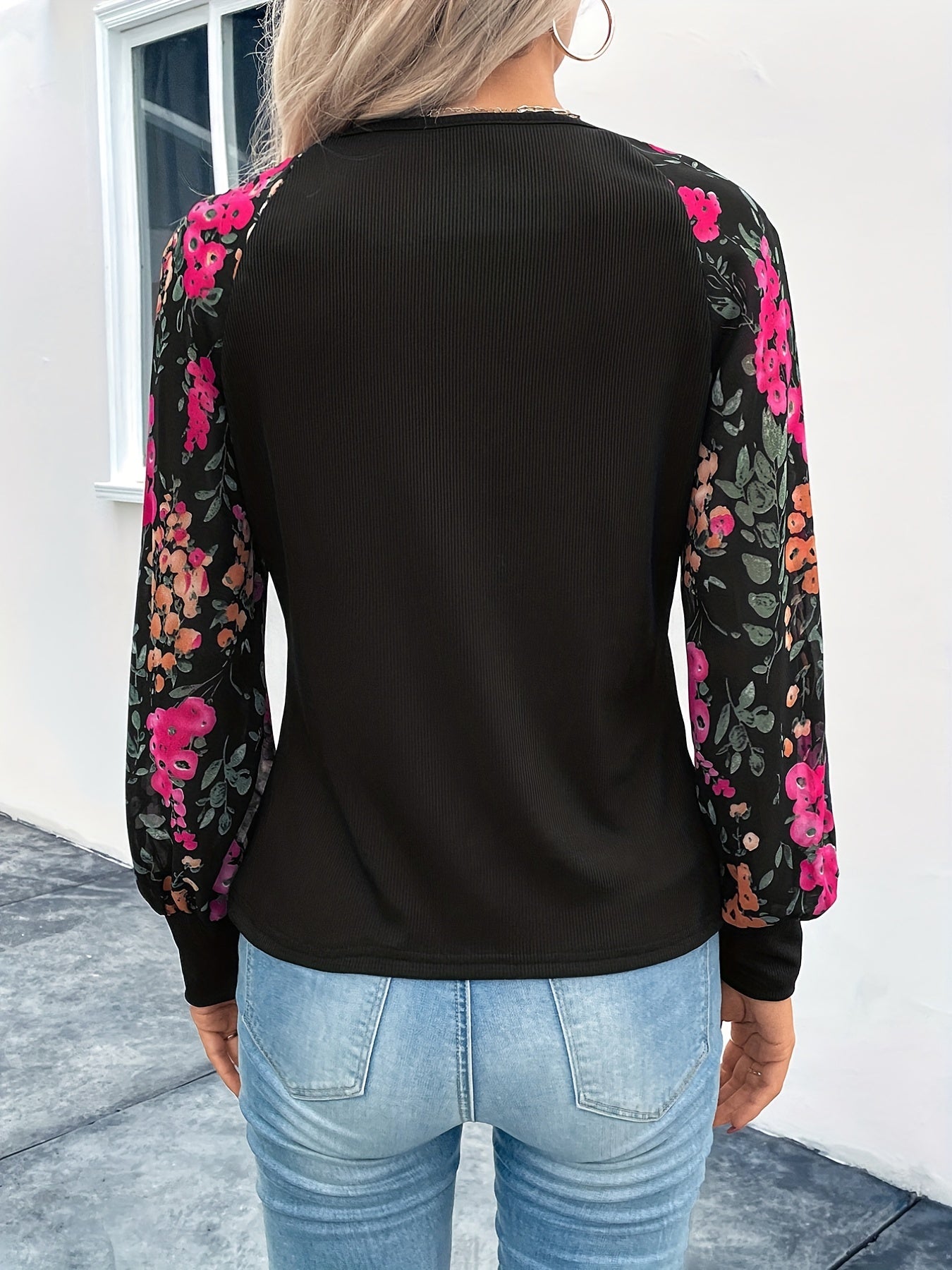 vlovelaw Floral Print Splicing Blouse, Casual Crew Neck Long Sleeve Blouse, Women's Clothing