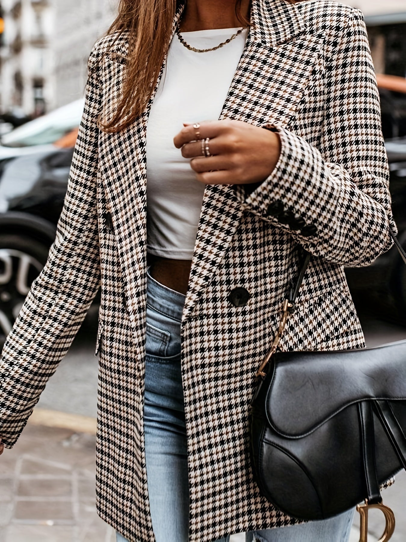 Houndstooth Print Double-breasted Blazer, Casual Lapel Long Sleeve Blazer, Women's Clothing