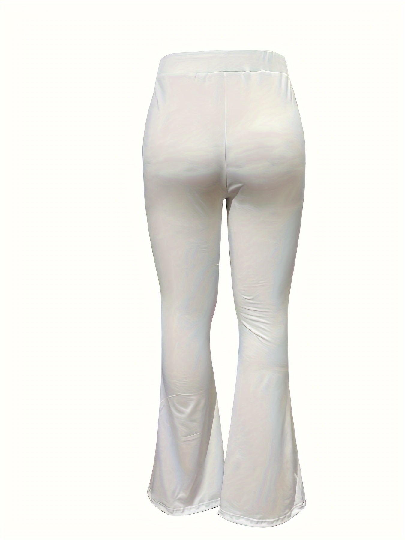 Plus Size Casual Pants, Women's Plus Solid Elastic High Rise Slight Stretch Flared Leg Trousers